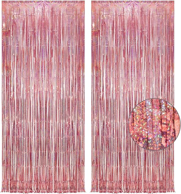 Rose Gold Tinsel Party Backdrop Glitter - GREATRIL Foil Fringe Curtain Party Decor Photo Booth Backdrop for Birthday Theme Party Decorations - 1m x 2.5m - Pack of 2