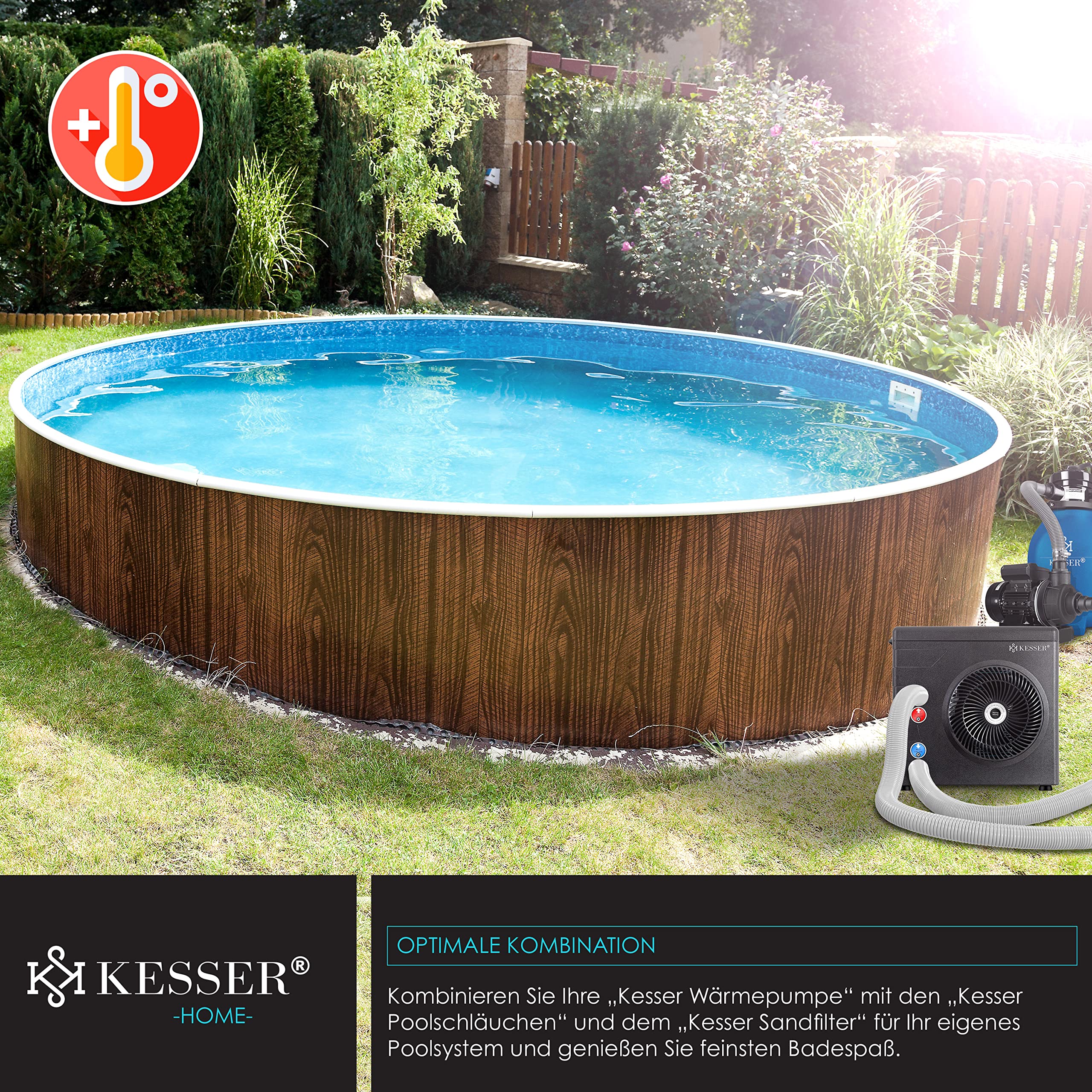 KESSER® Wärmepumpe für Pools Schwimmbecken bis 20.000 l Wasserinhalt, Pool Heizung Heizleistung 3,9 kW, 220V Betriebsspannung Wasseranschluss Ø 32/38 mm Durchflusssensor Digitalsteuerung, Schwarz