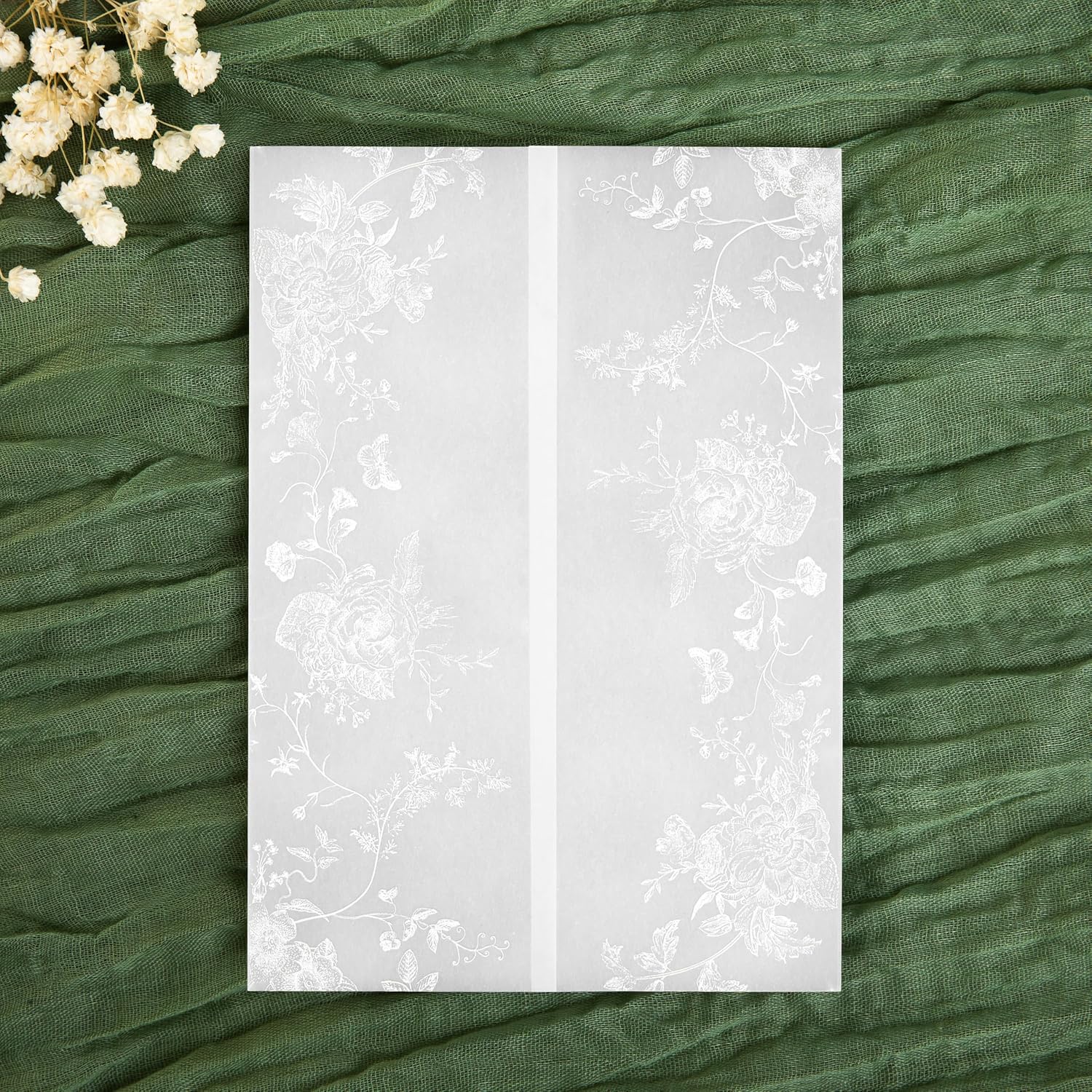 PONATIA 50PCS Floral Vellum Jackets for 5x7 Cards, 135gsm Clear Vellum Paper Envelopes for Wedding/Bridal Shower/Birthday Quinceanera Invitations (White Foil)