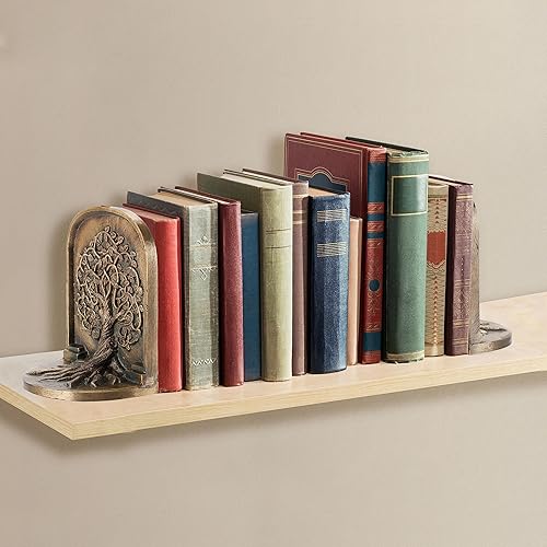 Miniatura 2 de CRAFTSMAN ROAD Sujetalibros del árbol de la vida, latón antiguo, 2 sujetalibros decorativos para estantes o estanterías, hierro fundido,