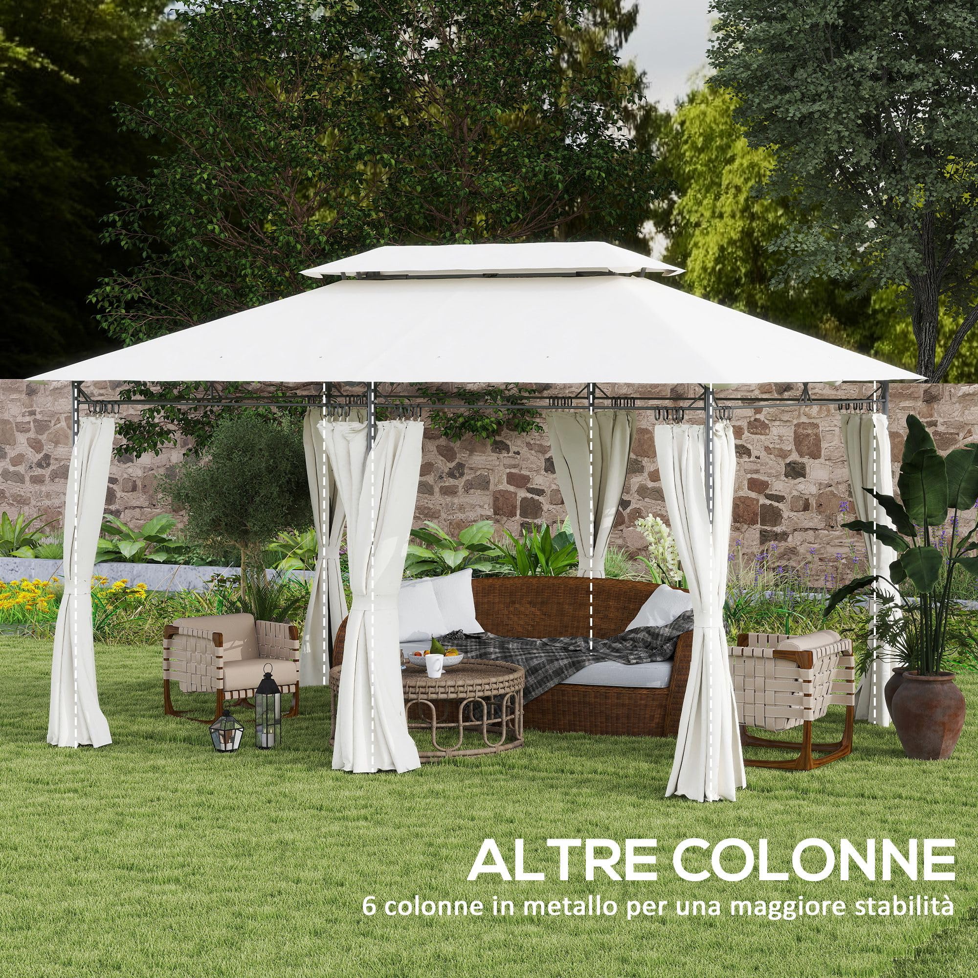Outsunny Gazebo da Giardino 3x4 m con Tende Rimovibili, Doppio Tetto e 12 Fori di Drenaggio, Gazebo da Esterno in Metallo e Poliestere, per Giardino, Balcone, Feste, Campeggio, Crema