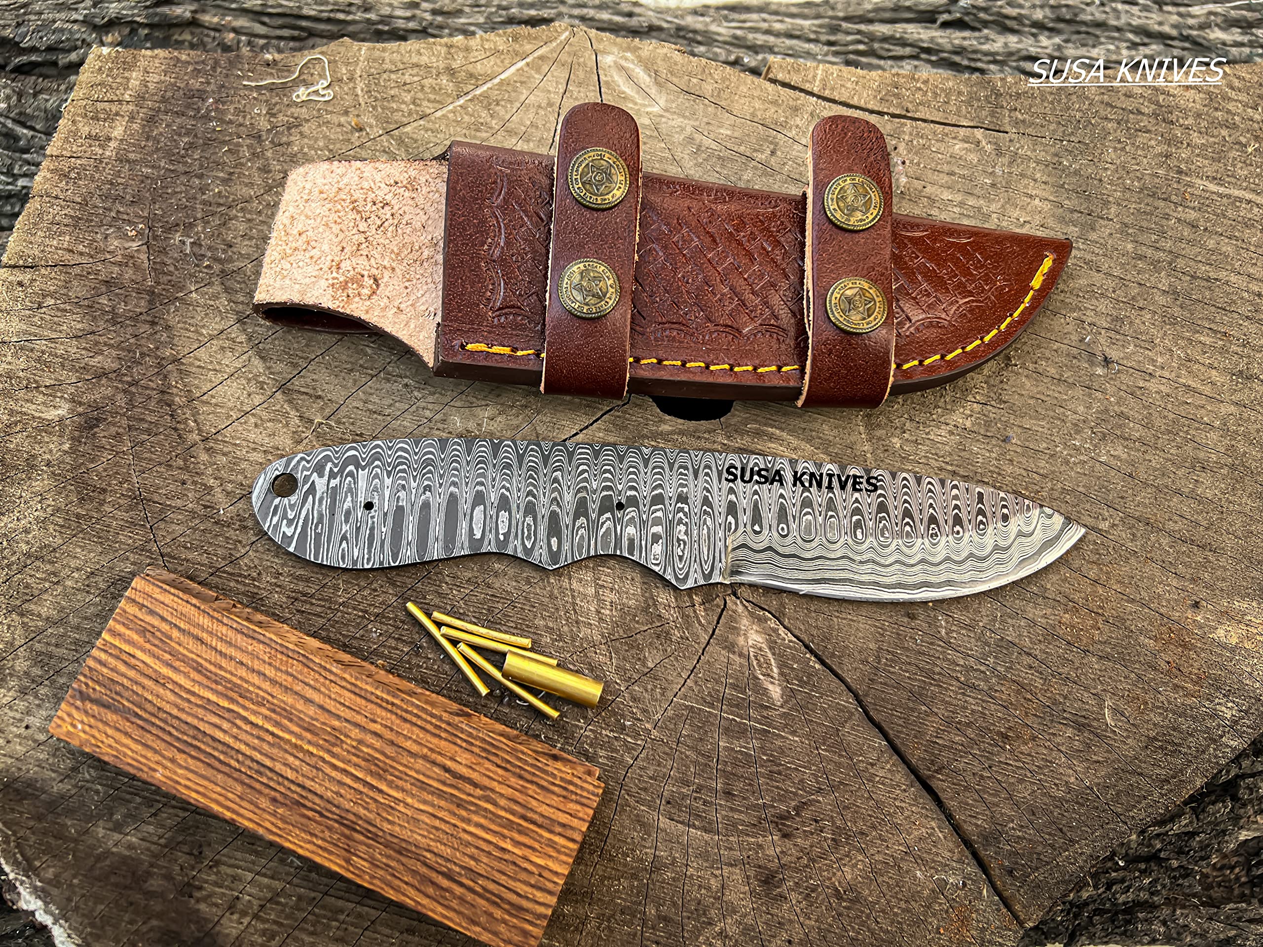 SUSA KNIVES Damascus Steel Blank Blade Hunting Knife Fixed Blade EDC Survival Knife for Men - Fixed Blade Making kit, Pins, with Sheath, Handle Scales for Making (LEADER WOOD)