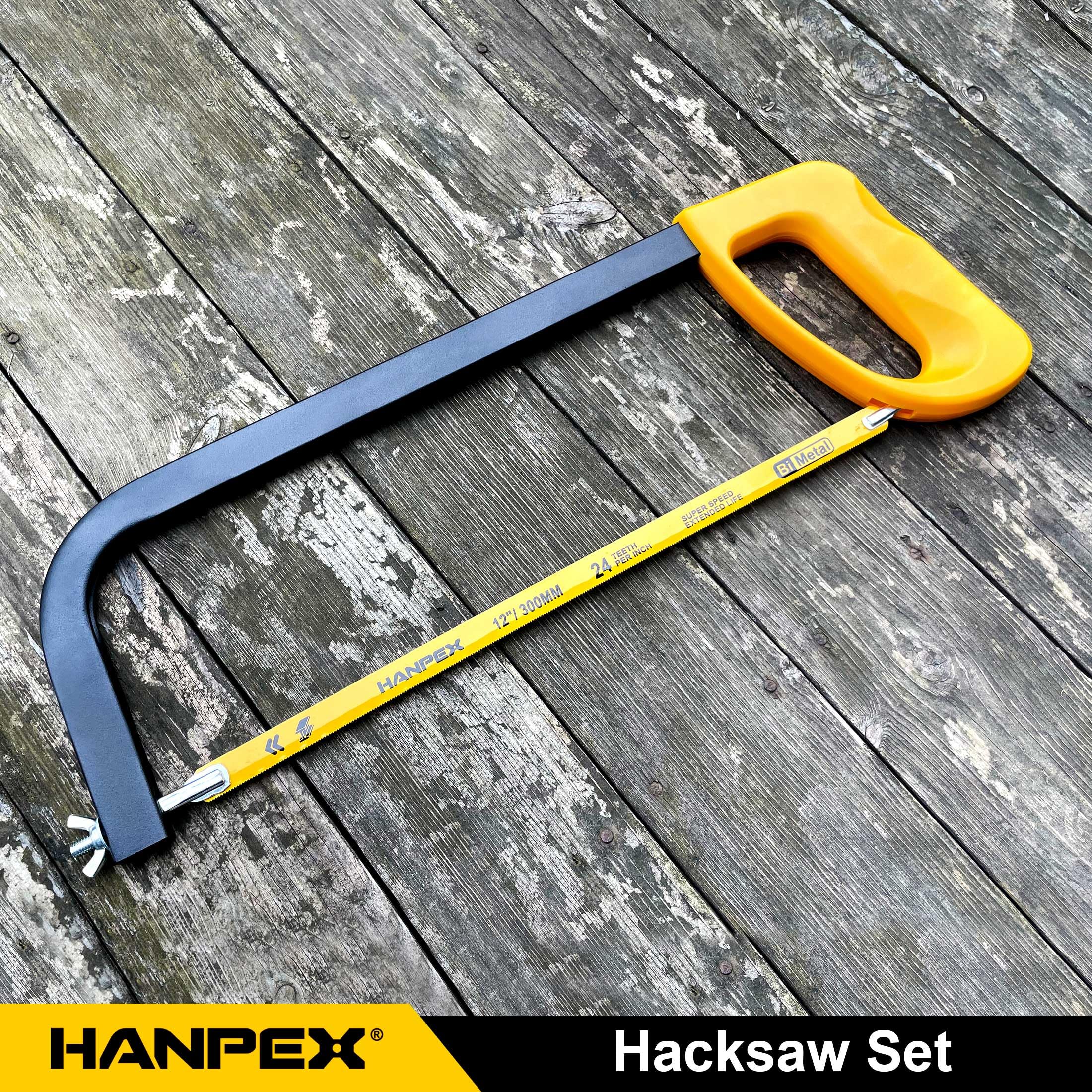 Hanpex Marco de sierra de alta tensión de 12 pulgadas con 10 cuchillas bimetálicas adicionales, sierra de mano adecuada para metal, madera, PVC, carpintería