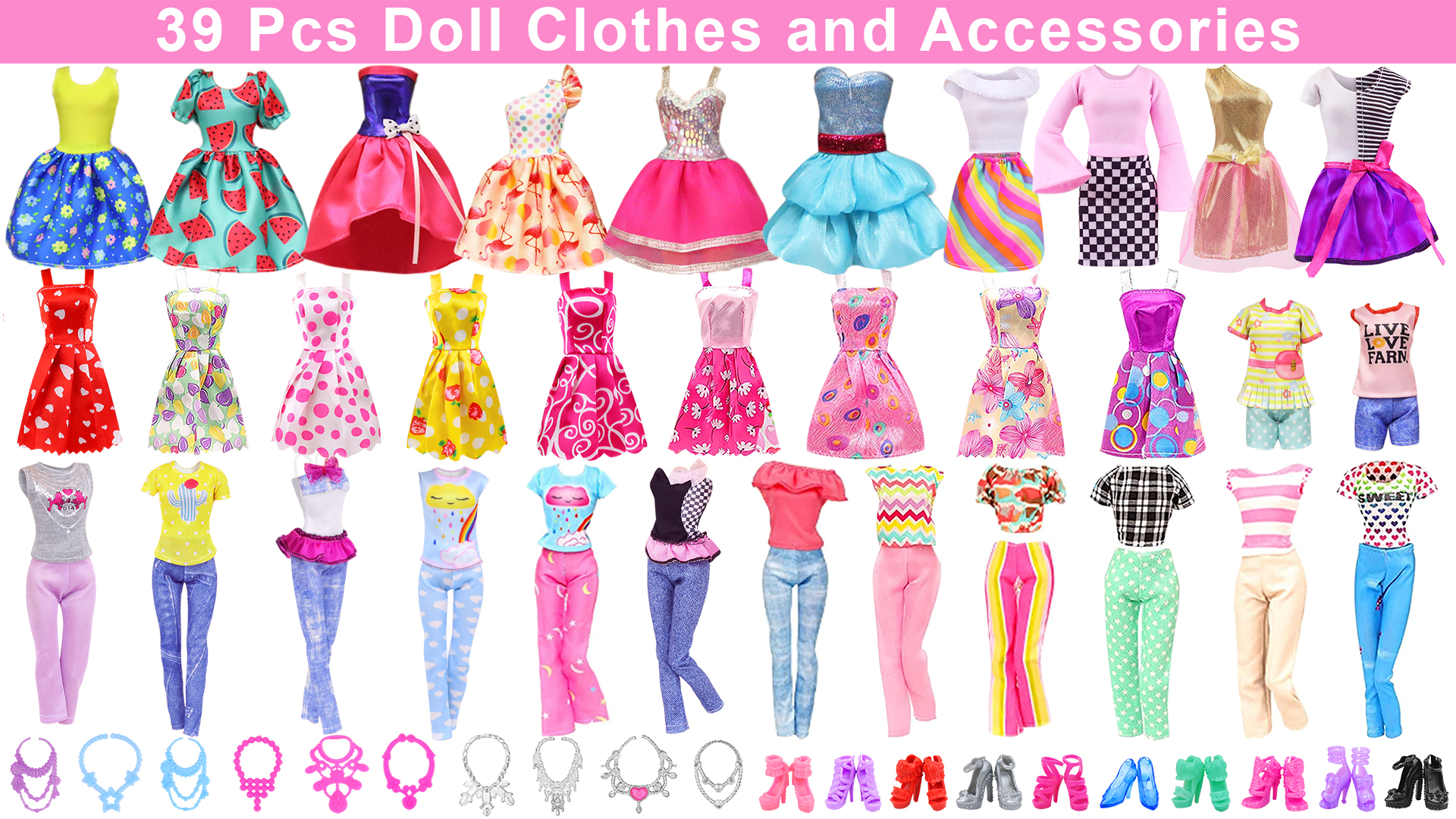 Amazon.com: Ecore Fun 39 Pcs Doll Clothes and Accessories 3 Fashion Dresses  10 Slip Dresses 3 Tops 3 Pants 10 Necklaces 10 Shoes Fashion Casual Outfits  Perfect for 11.5 inch Dolls : Toys & Games