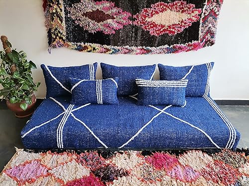 Miniatura 1 de FoamRush Sofá marroquí de 6 x 28 x 84 pulgadas cuerda texturizada tejida azulcrema con espuma de alta densidad sofá biplaza sin brazos sofá de suelo