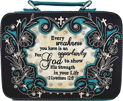 Funda de transporte con versículo bordado de las Escrituras occidentales para mujer, con correa extra, bolso cruzado, Negroverde azulado