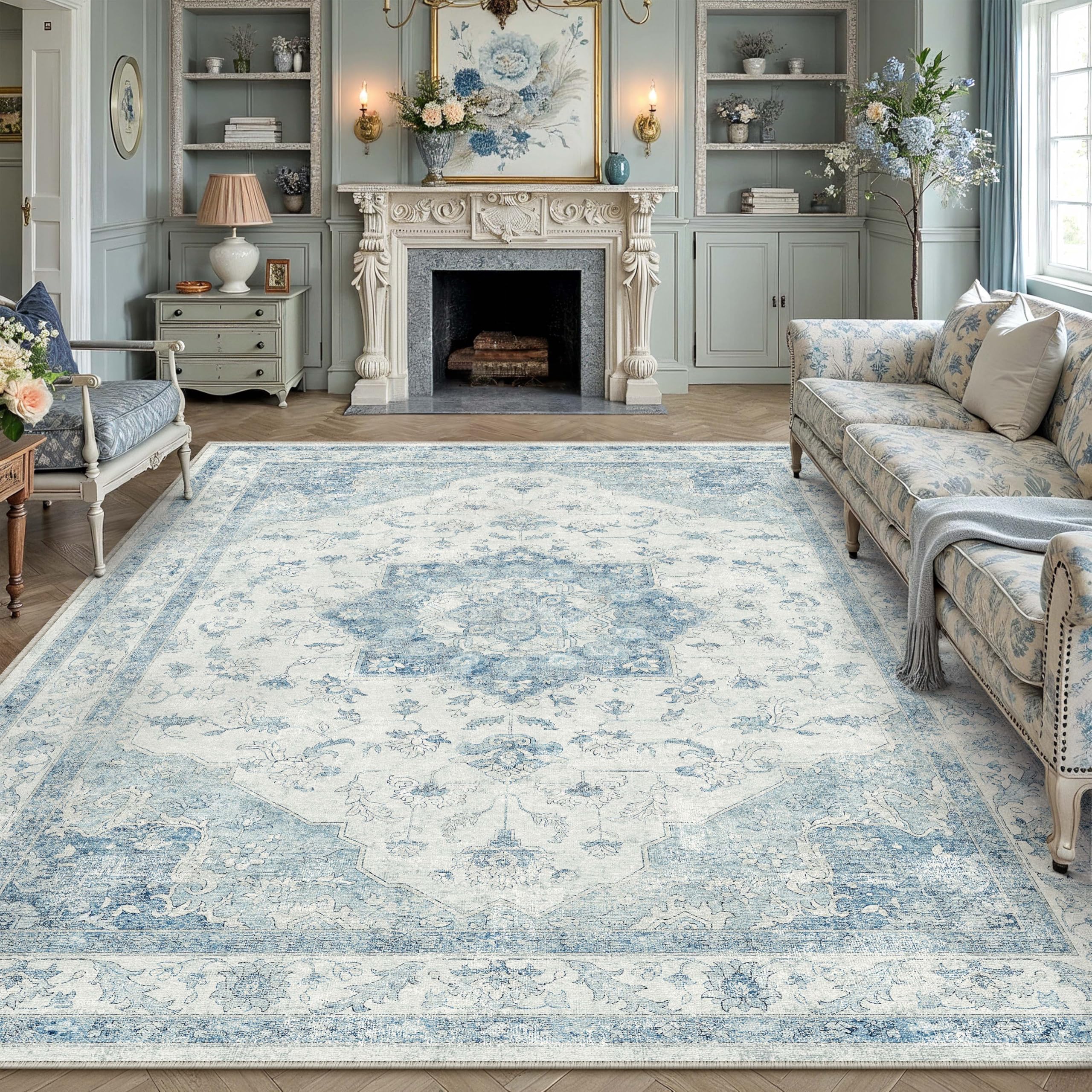 PureCozy Vintage Washable Blue Rugs Living Room Area Rug 200x300cm Bedroom Large Non Slip Soft Carpet Kitchen Bedroom Dining Room Office Indoor Low Pile Carpets — image 1