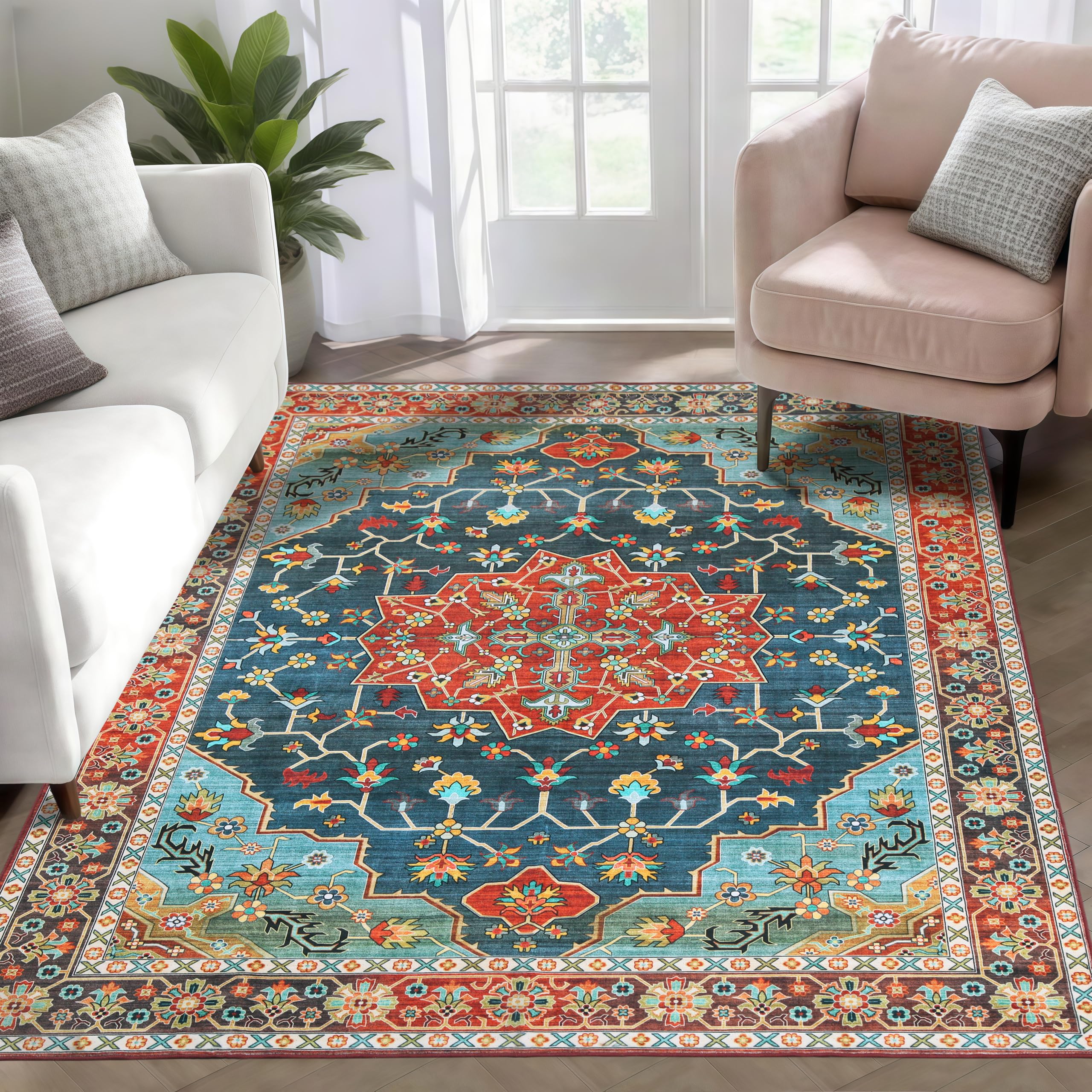 Photo 1 of WILLSUN Washable Area Rugs, 3x5 Non-Slip Boho Large Area Rugs for Living Room, Bedroom, Machine Washable Vintage Rug, Indoor Floral Print Carpet for Home Decor, Kid & Pet Friendly Mat