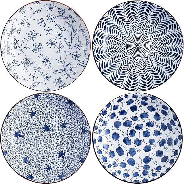 Swuut Ceramic Pasta Bowls Set,Blue and White Salad Bowl 20cm Dinner Shallow Plates Set of 4,Serving Appetizer Dessert Snack (8 Inch x 4pcs)