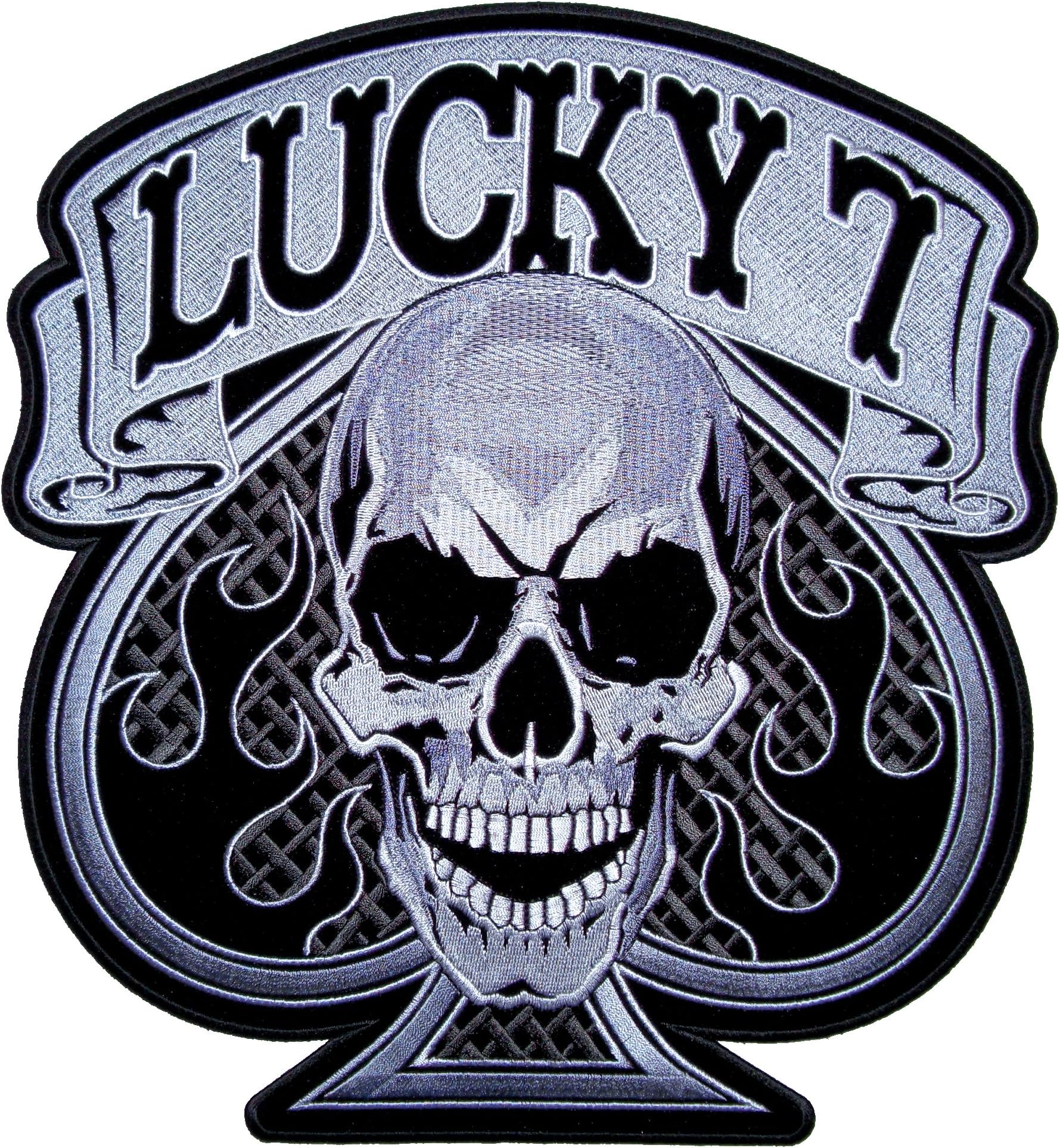 Leather Supreme Skull and Spade with Flames Lucky 7 Biker Patch
