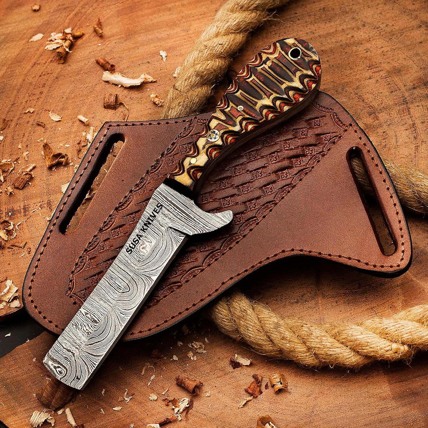 SUSA KNIVES Handmade Damascus Steel Bull Cutter Knife, Cowboy Fixed Blade knife