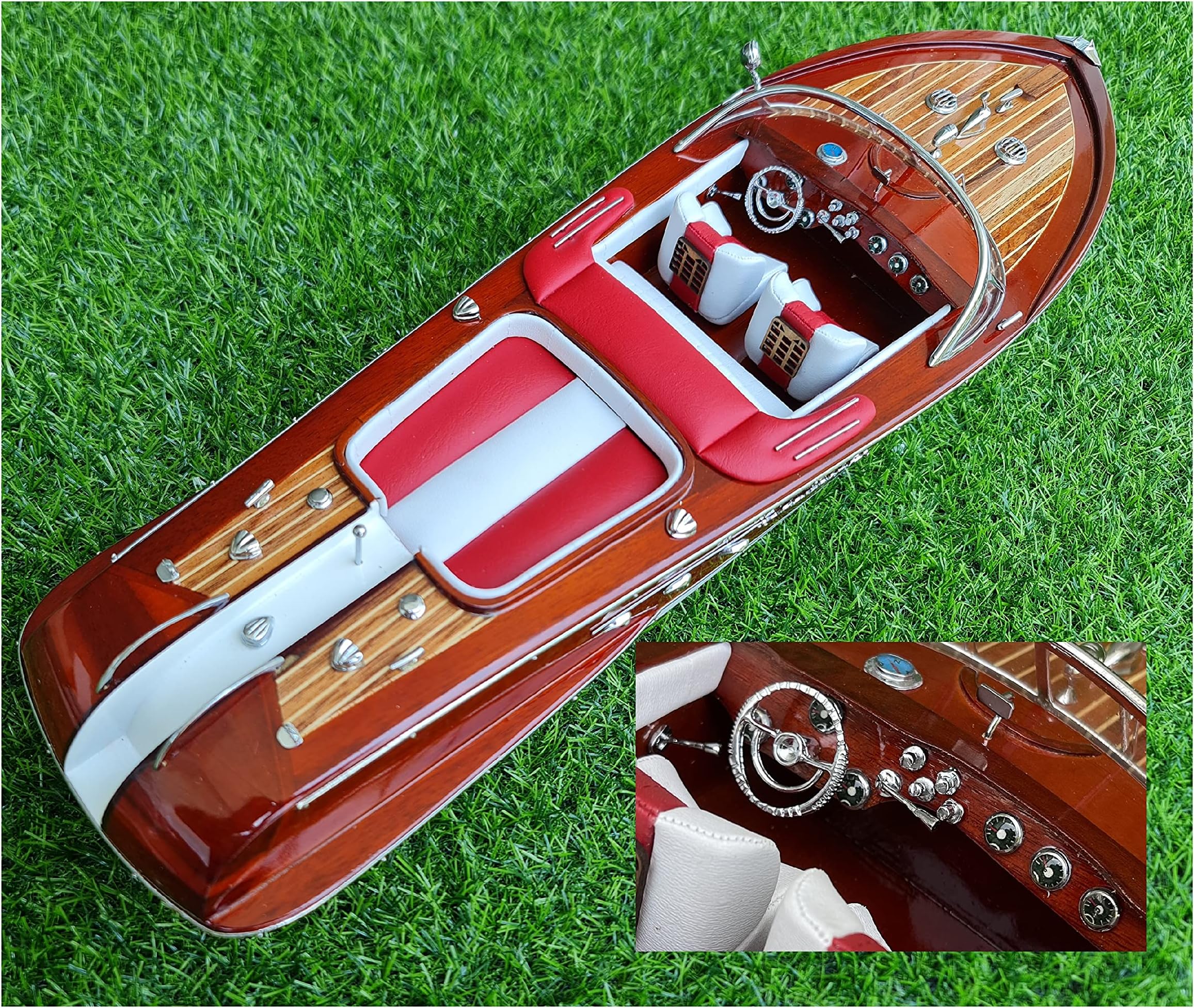 vinacreations Red Italian Speed Boat Ship Wooden Model 21" 52cm Luxury Handmade Home Desk Display Decor Fully Assembled by Vietnamese RV-RED-52