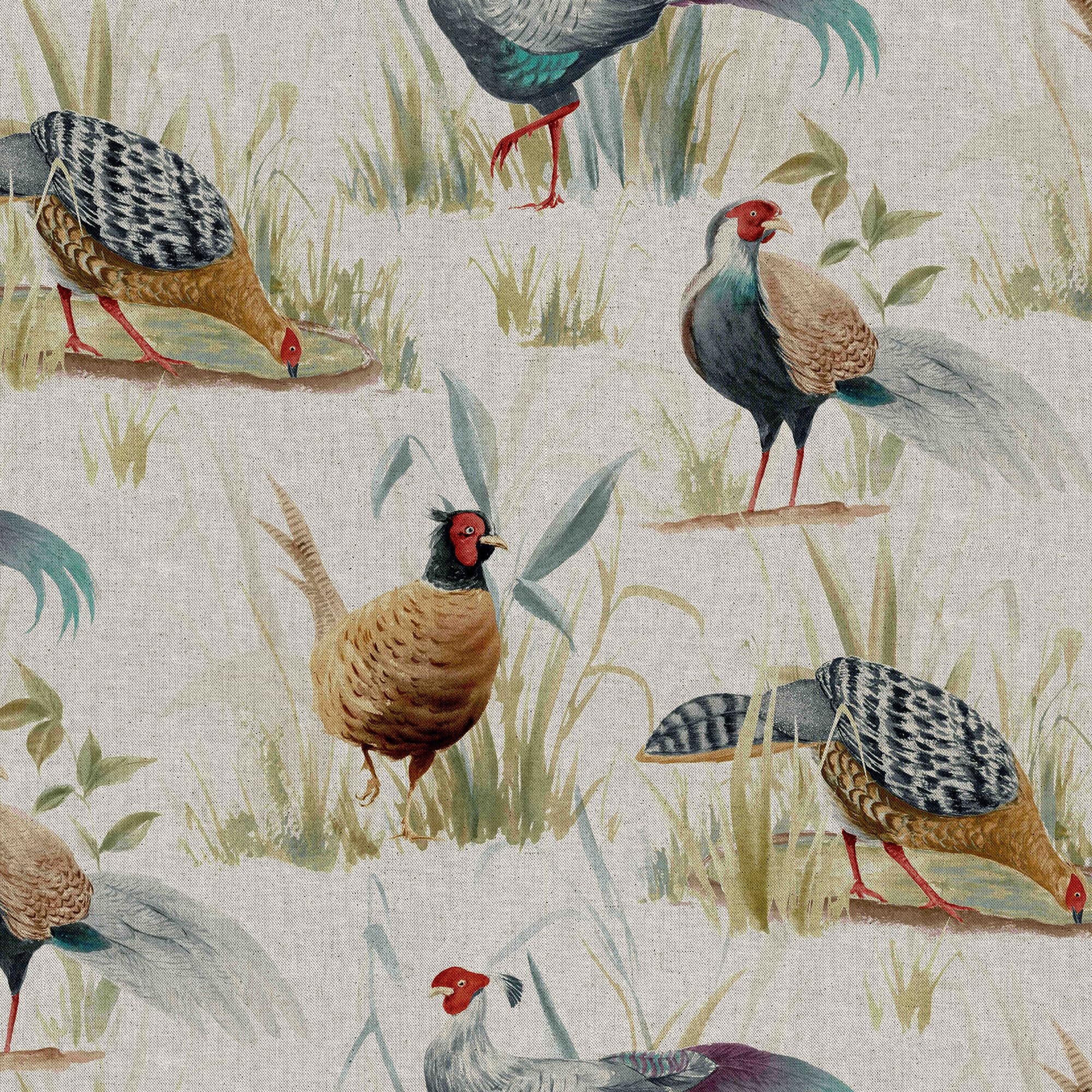 Glamour Secrets Beige Linen Look Upholstery Fabric - Game Birds - Pheasant Print Furnishing Curtain Cushion Fabric Material