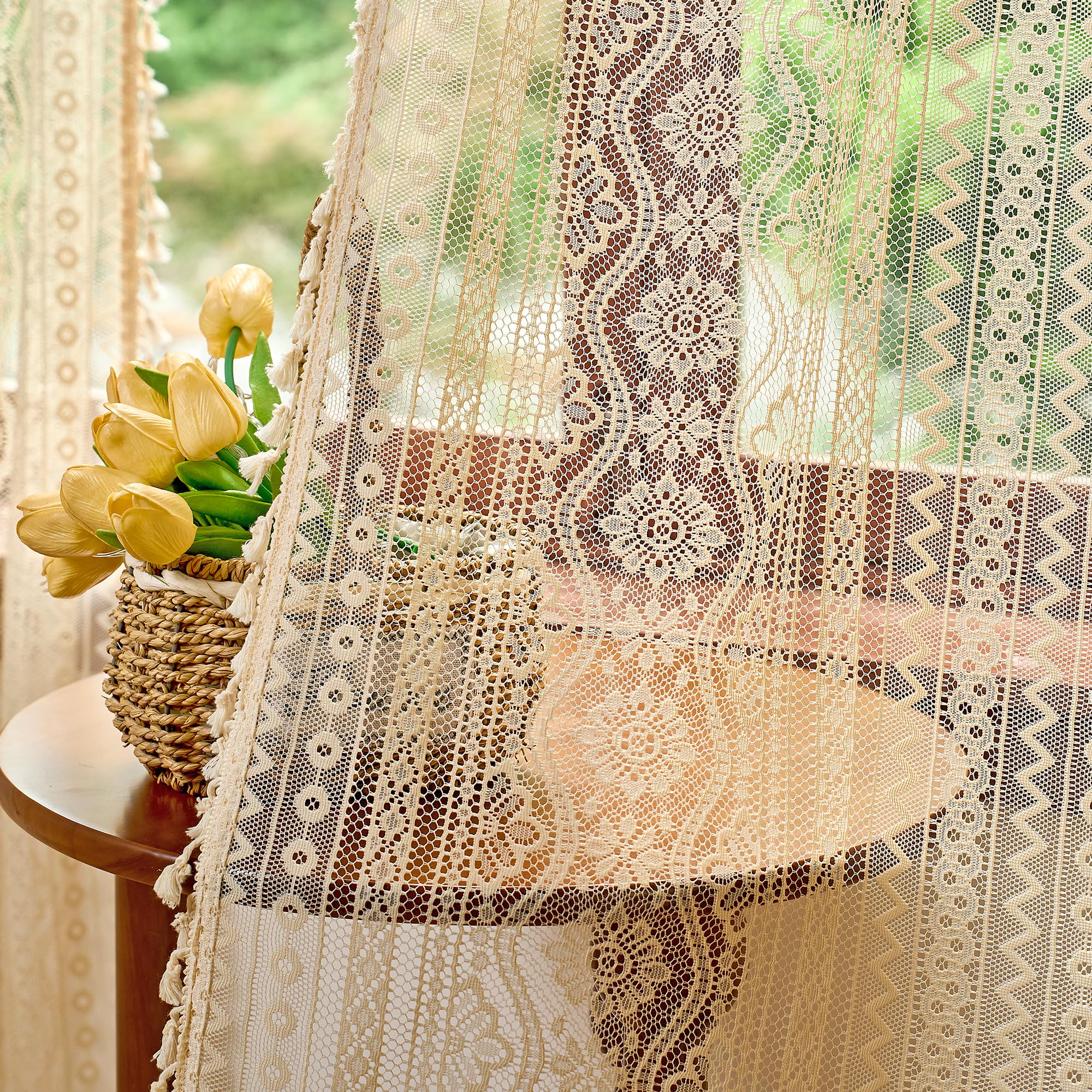 MYSKY HOME Beige Boho Lace Sheer Curtains with Tassels 72 Inch Length 2 Panels Vintage Floral Bohemian Rustic Crochet Geometry Striped Rod Pocket Drapes for Living Room Bedroom, 55" Wide Each Panel