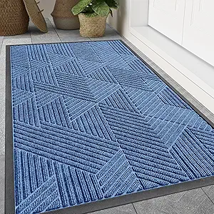 Smiry Front Door Mat Outside Entrance, Heavy Duty Sturdy Natural Rubber Doormat, Trap Dirt and Moisture, Easy Clean Low Profile Welcome Floor Mats for Indoor Outdoor Entry, 59x24 Inch, Blue