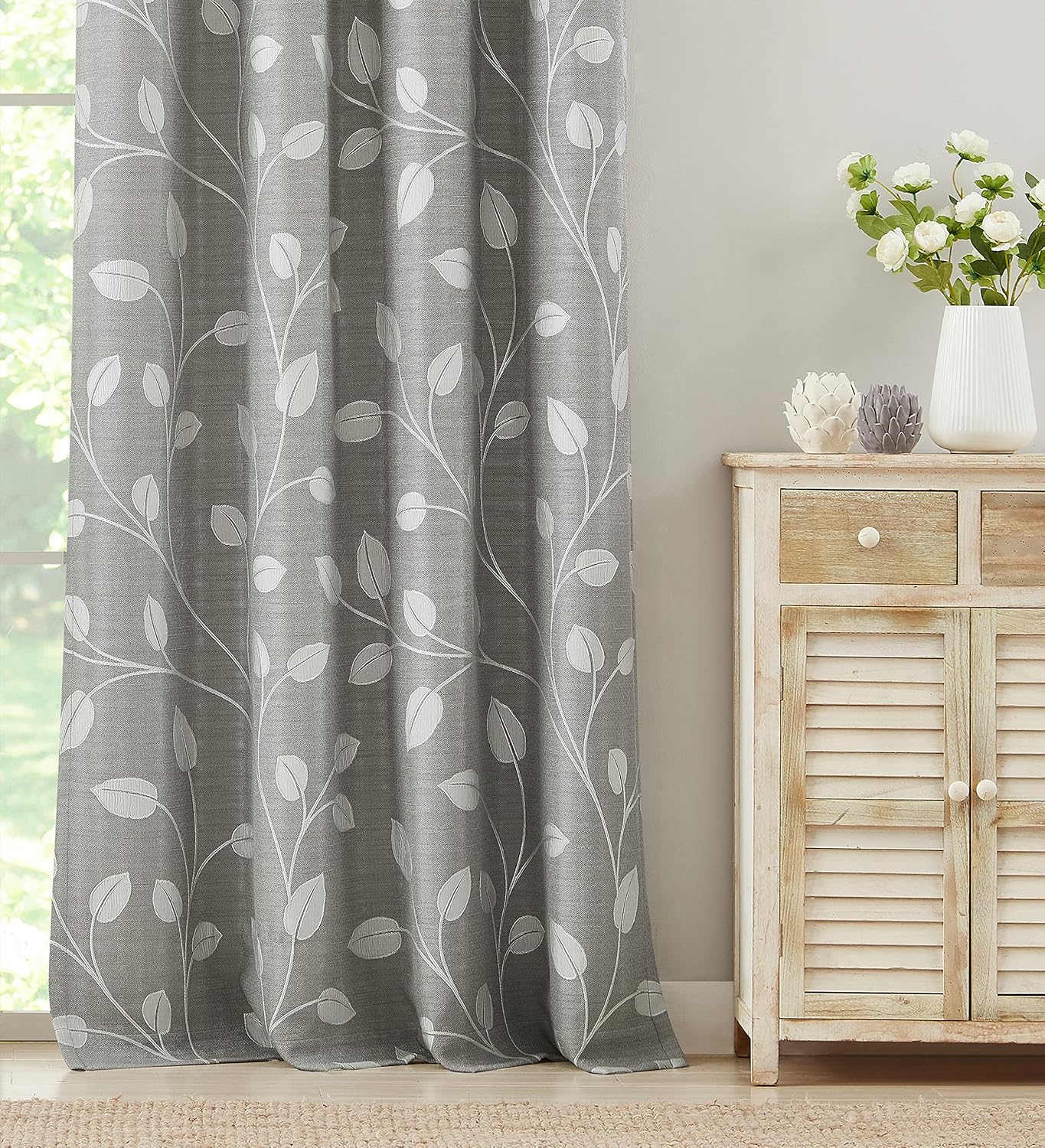 WEST LAKE Gray White Leaf Jacquard Curtain 2 Panels Heavy Linen Textured Room Darkening with Branches Pattern Grommet Top Party Window Treatment for Living Room/Bedroom,50"x84"x2