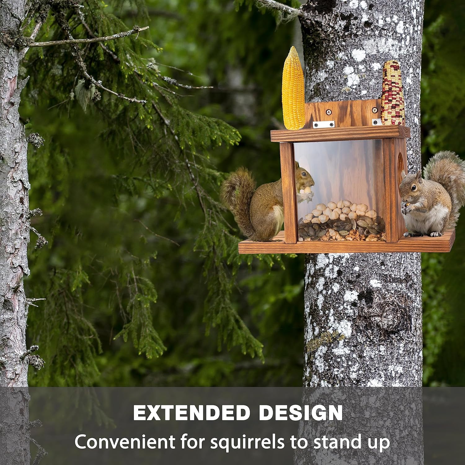 MIXUMON Wood Squirrel Feeder, Squirrel Feeders for Outside Winter, Wooden Chipmunk Feeder for Corn, Peanuts, Durable Box Easy to Fill with Removable Front Panel (Style 1)
