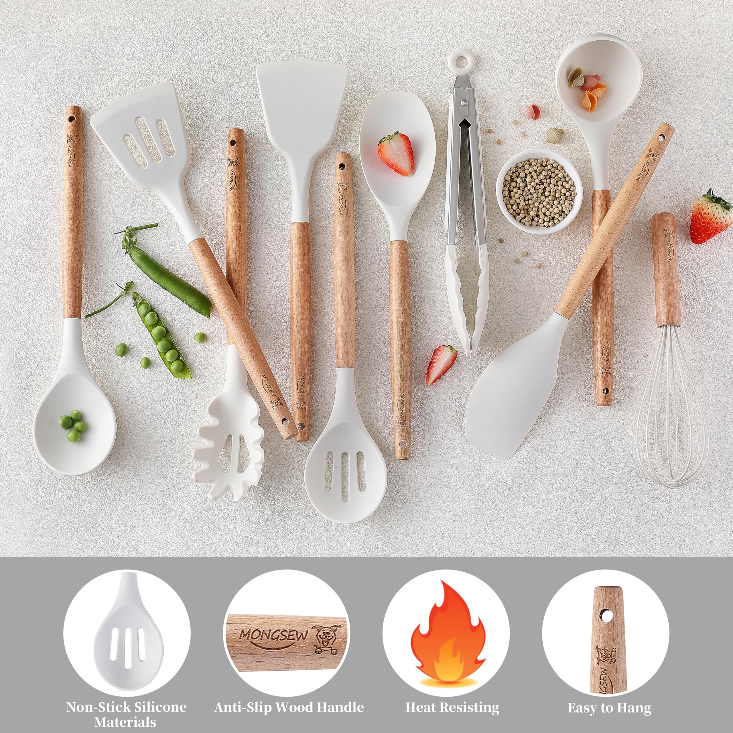 MONGSEW - Juego de utensilios de cocina de silicona, resistentes al calor, con mango de madera, espátula, cuchara, pinzas, batidor (blanco, patrón de perro sonriente)
