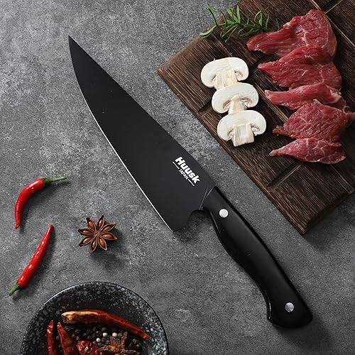 Miniatura 9 de Huusk Juego de cuchillos de chef japoneses para cocina, juego de 3 cuchillos de cocina negros con revestimiento de titanio, juegos de cuchillos de