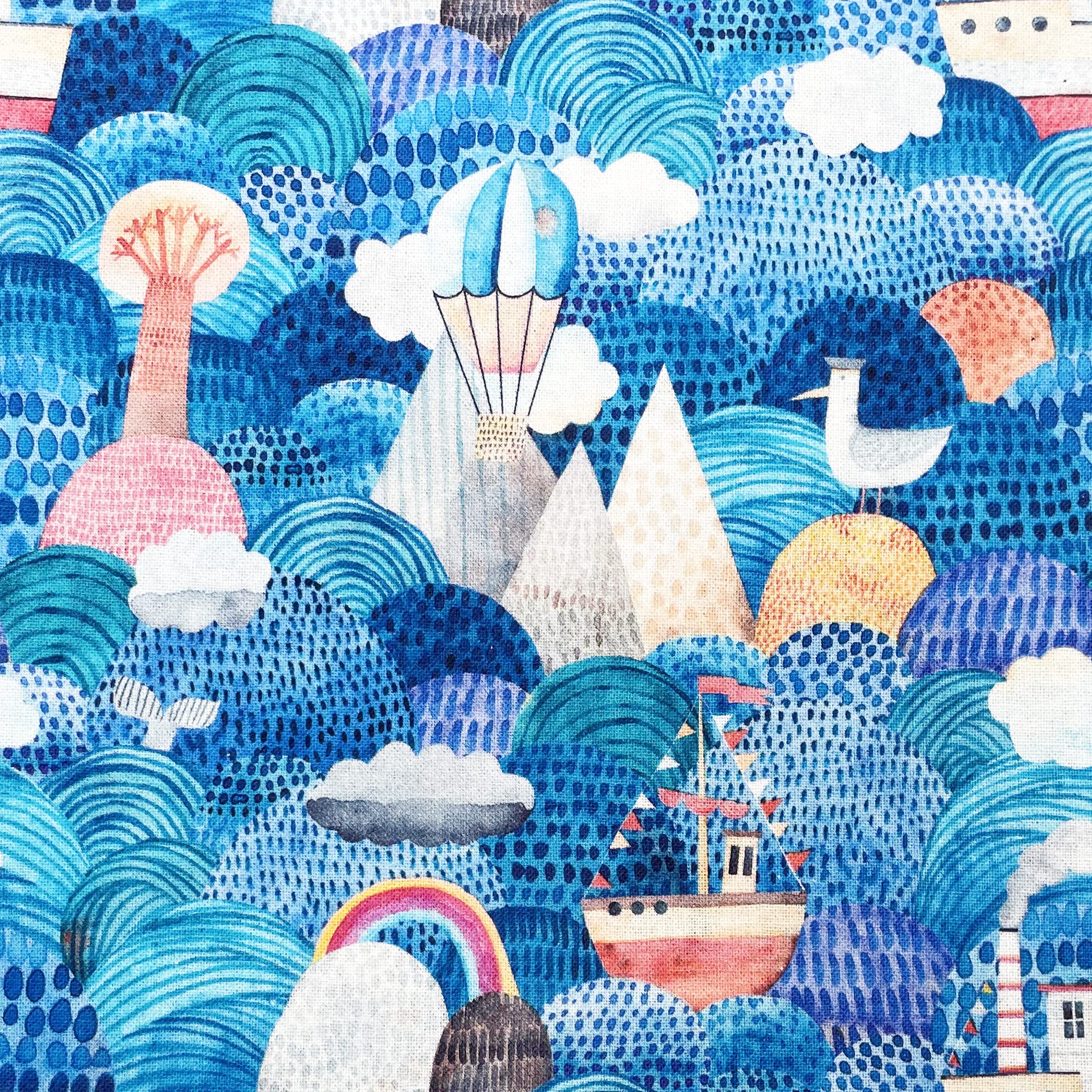 Premium Cotton Fabric - Sail Away Nautical Boats Seagulls Print - Digital Print Craft Fabric Material