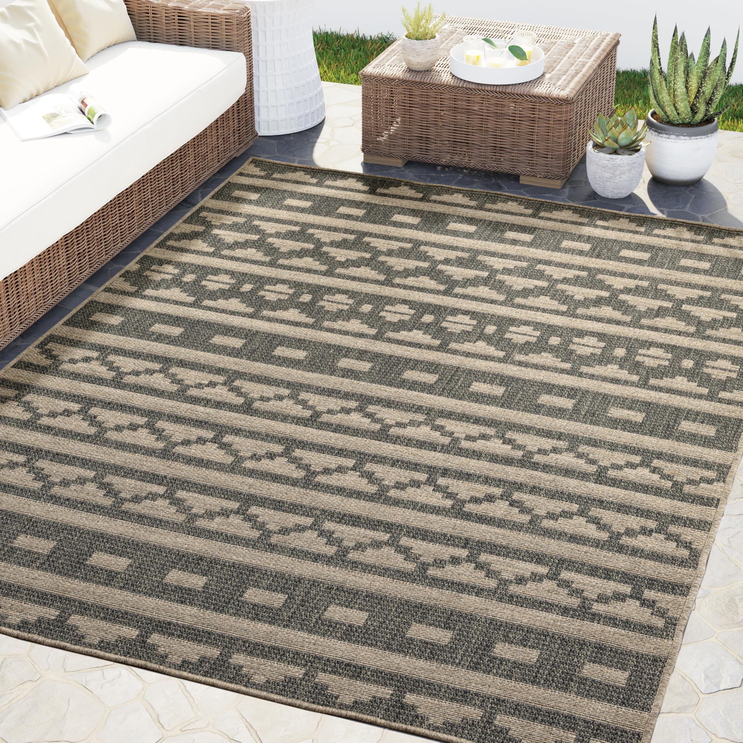 Abani Patio Indoor Outdoor Beige Grey Rug - 8 x 10 Tribal Area Rug for Living Room, Bedroom, Patio - Waterproof, UV Protected, Pet Friendly, Soft