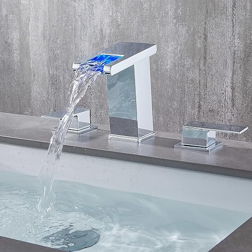 Miniatura 6 de LOOPAN Grifo de lavabo de baño con luz LED, grifo de baño de cascada para fregadero de 3 agujeros, grifo de fregadero de baño de 8 pulgadas, 2 asas,