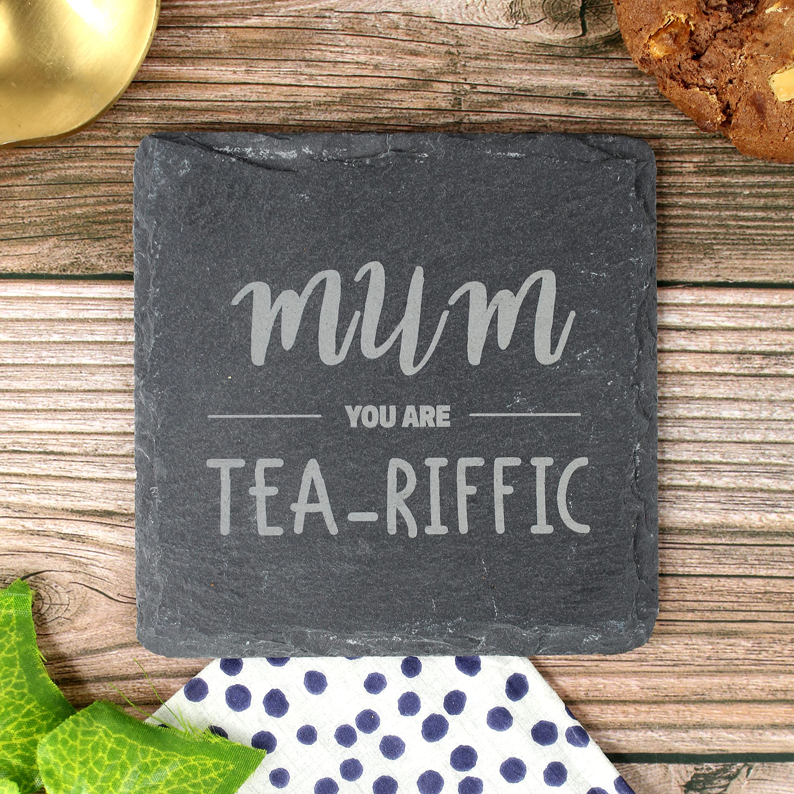 eBuyGB, M, Engra Slate Tea-Riffic, Mothers Day Birthday Gift, Present for Mum from Daughter and Son, Engraved Drinks Coaster (Square), Stoneware
