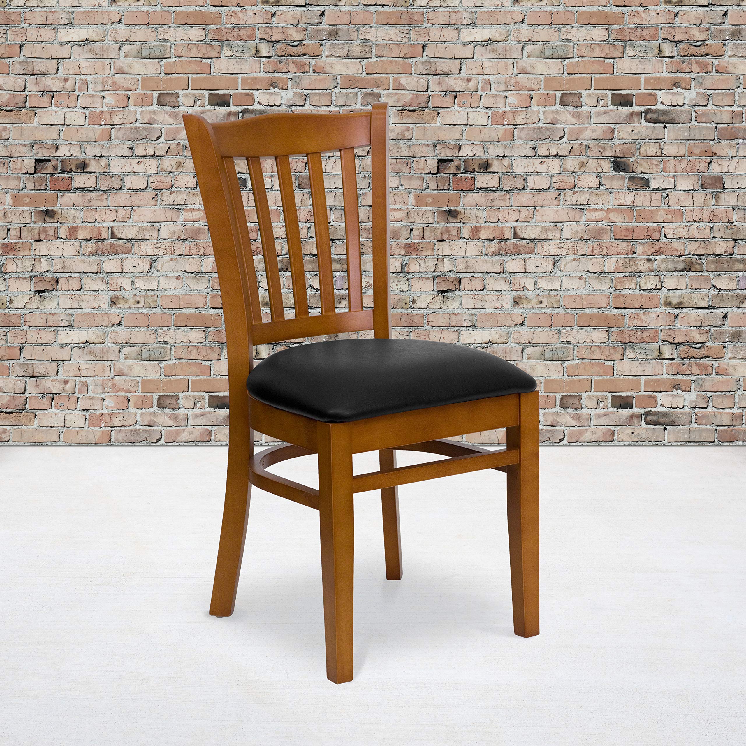 EMMA + OLIVER 2 Pack Vertical Slat Back Cherry Wood Restaurant Chair - Black Vinyl Seat