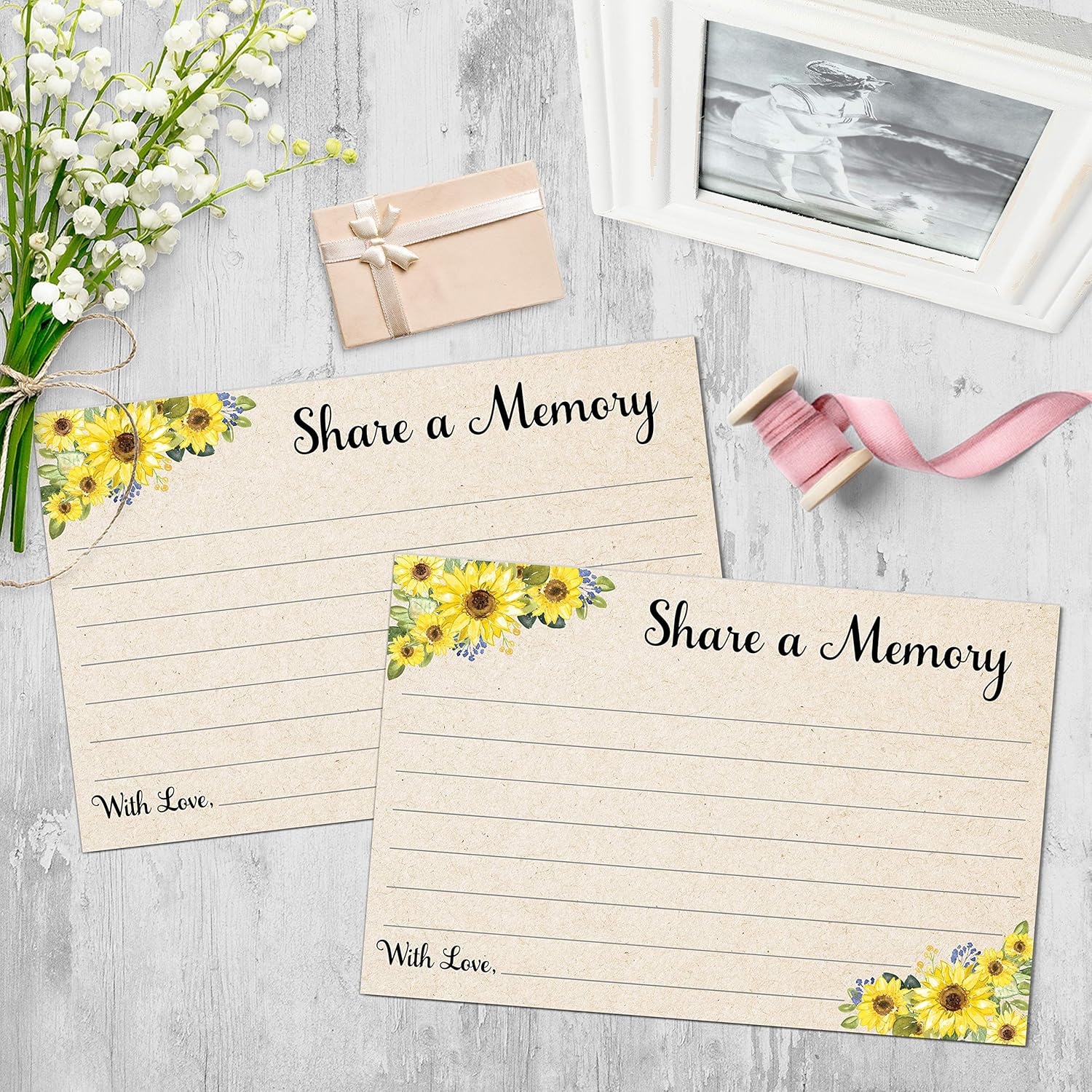 321Done Share a Memory Card (50 Cards) Sunflower Large, 4x6 for Celebration of Life Birthday Anniversary Memorial Funeral Graduation Bridal Shower Game - Made in USA - Rustic Tan (Pack of 2)
