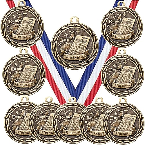 Express Medals Various 10 Pack Styles of Math Award Medals with Neck Ribbons Trophy Award Prize Gift