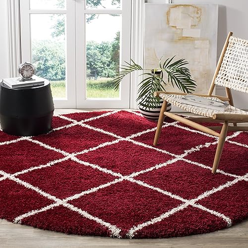 SAFAVIEH Hudson Shag Collection 9' x 9' Round Red / Ivory SGH281R Modern Diamond Trellis Non-Shedding Living Room Bedroom Dining Room Entryway Plush 2-inch Thick Area Rug