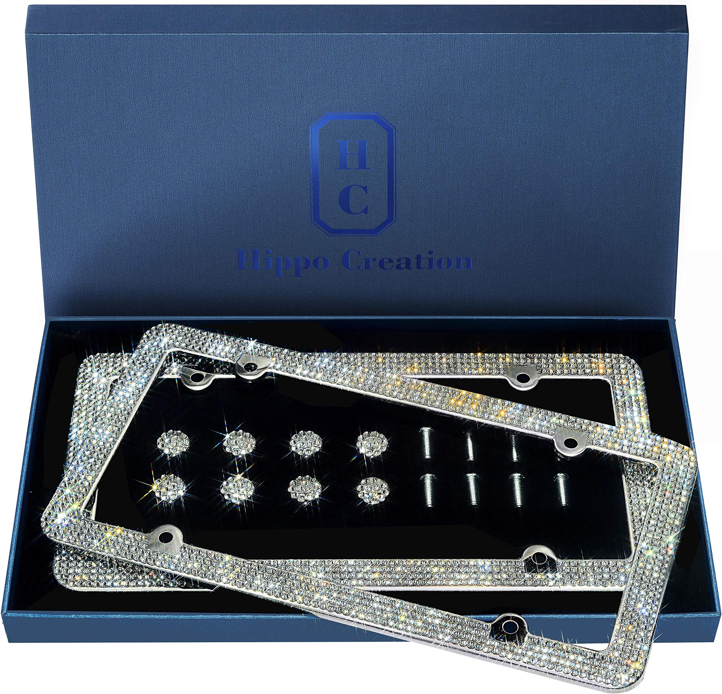 2 Pack Luxury Handcrafted Bling Clear Rhinestone 4-Hole Stainless Steel License Plate Frame with Gift Box | 1000+ pcs Finest 14 Facets SS20 Clear Rhinestone Crystal | Anti-Theft Screw Cap