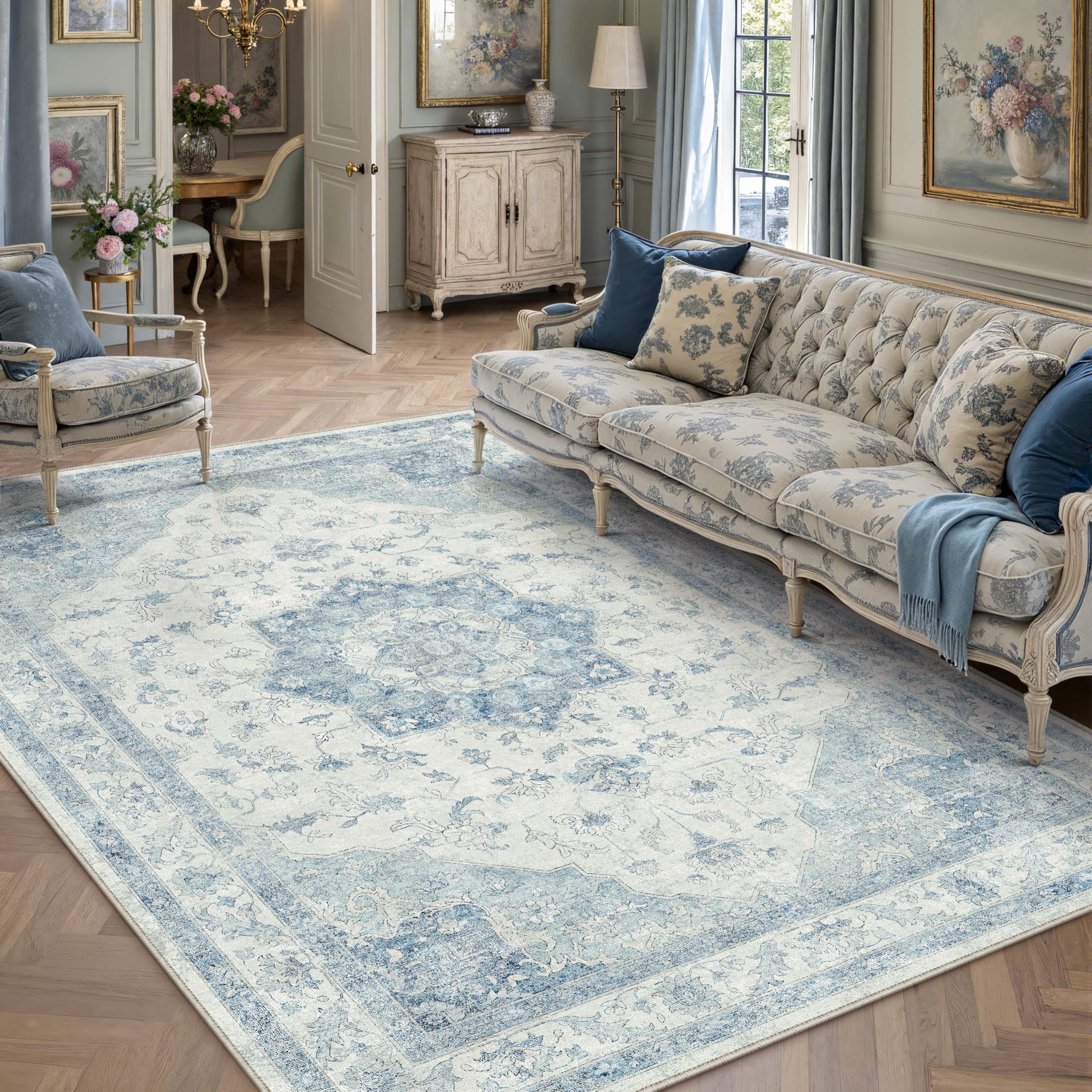 PureCozy Vintage Rugs Living Room Rug 160x230cm Blue Washable Carpet