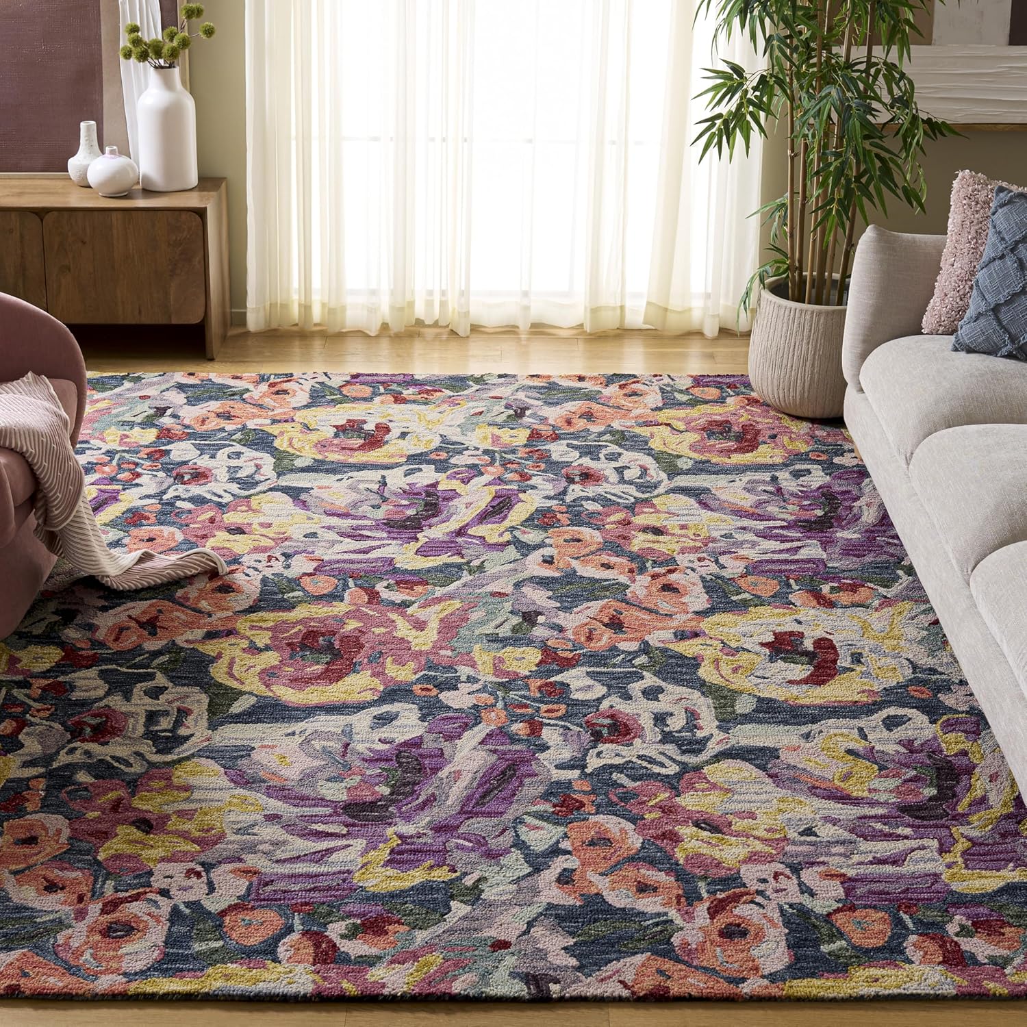 SAFAVIEH Area Rug 8x10 - Blossom Collection - Large - Blue & Purple, Handmade Wool, Floral Design, Ideal for Living Room, Bedroom, Office, Dining Space (BLM463M)