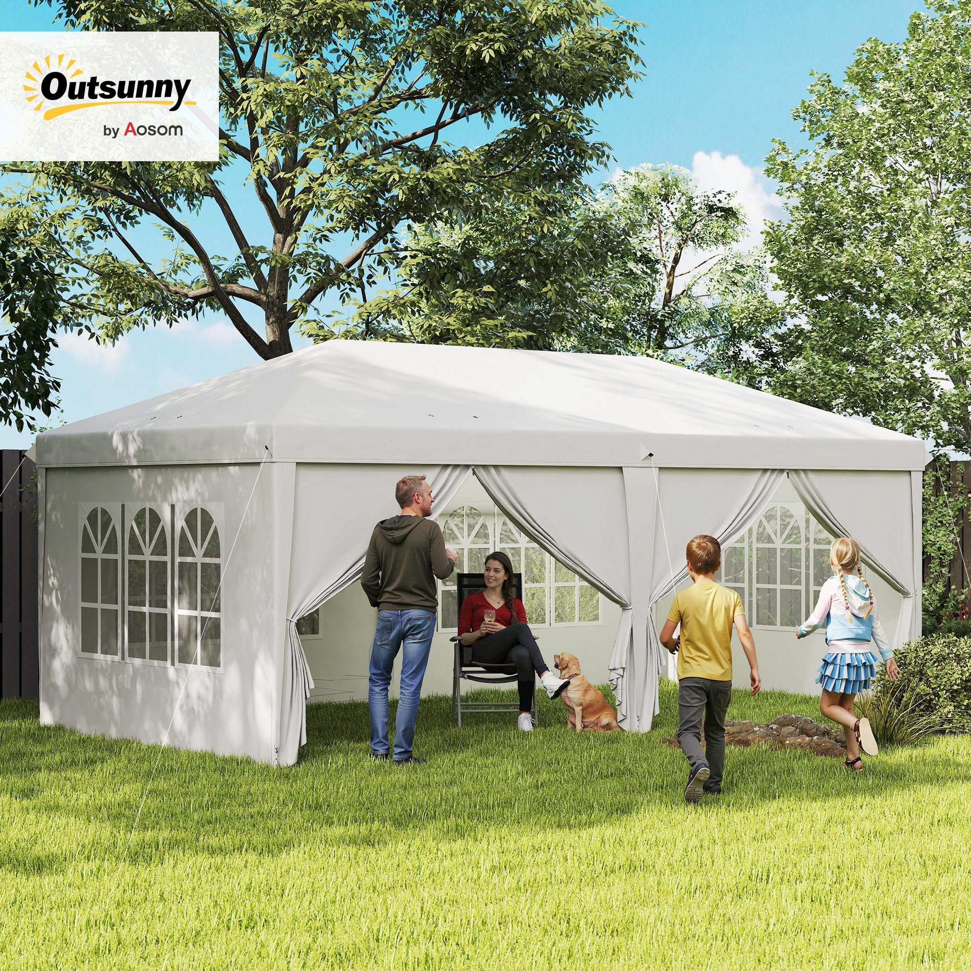 Outsunny Carpa Plegable 6x3x2,7 m con 4 Paneles 4 Ventanas 1 Bolsa Blanco | Cenador de Jardín, Gazebo Plegable, 2 Puertas con Cremallera, Anti-UV Impermeable, para Exterior Terraza Patio Playa