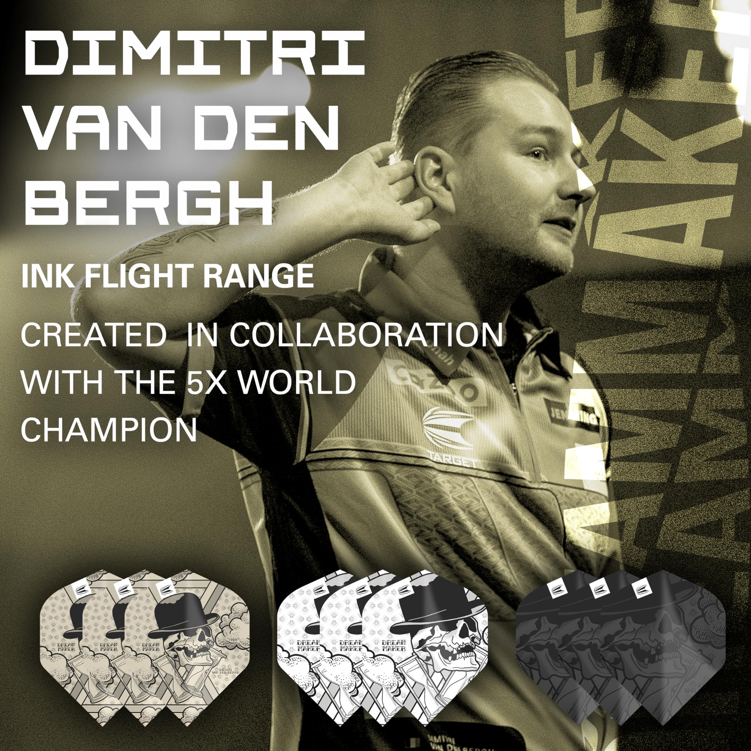 Target Dimitri Van Den Bergh Ink Design No.2 Dart Flights - 3 Set Pack (9 in total), Sand, White and Black - Image 2