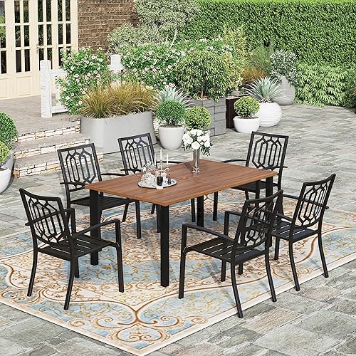 HERA'S HOUSE 7 Pieces Patio Dining Set, Outdoor Table and Chairs Set for 6 Person, 60" Wood Look Table and 6 Metal Patio Chairs for Lawn Garden Backyard