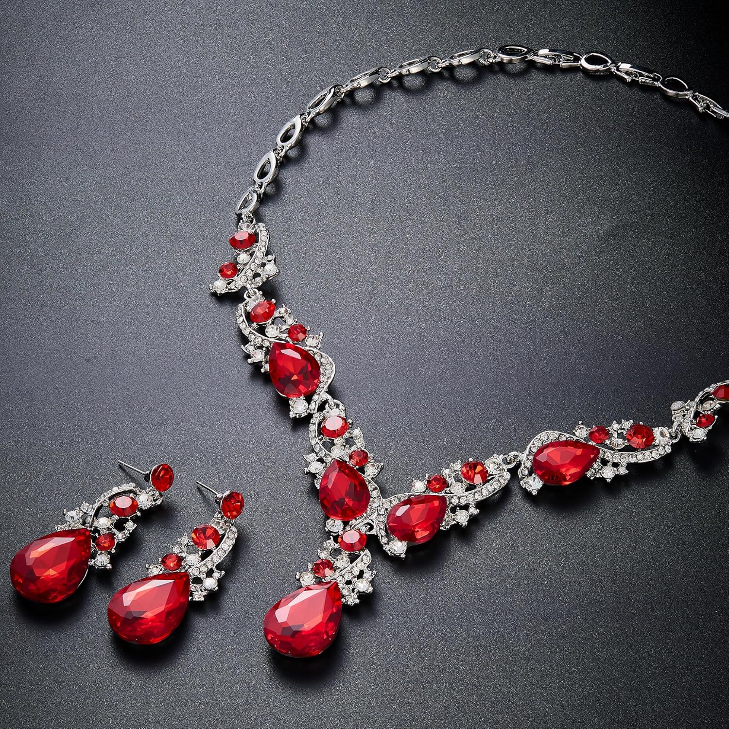 BriLove Women's Wedding Bridal Crystal Multi Teardrop Cluster Statement Necklace Dangle Earrings Set - Image 4