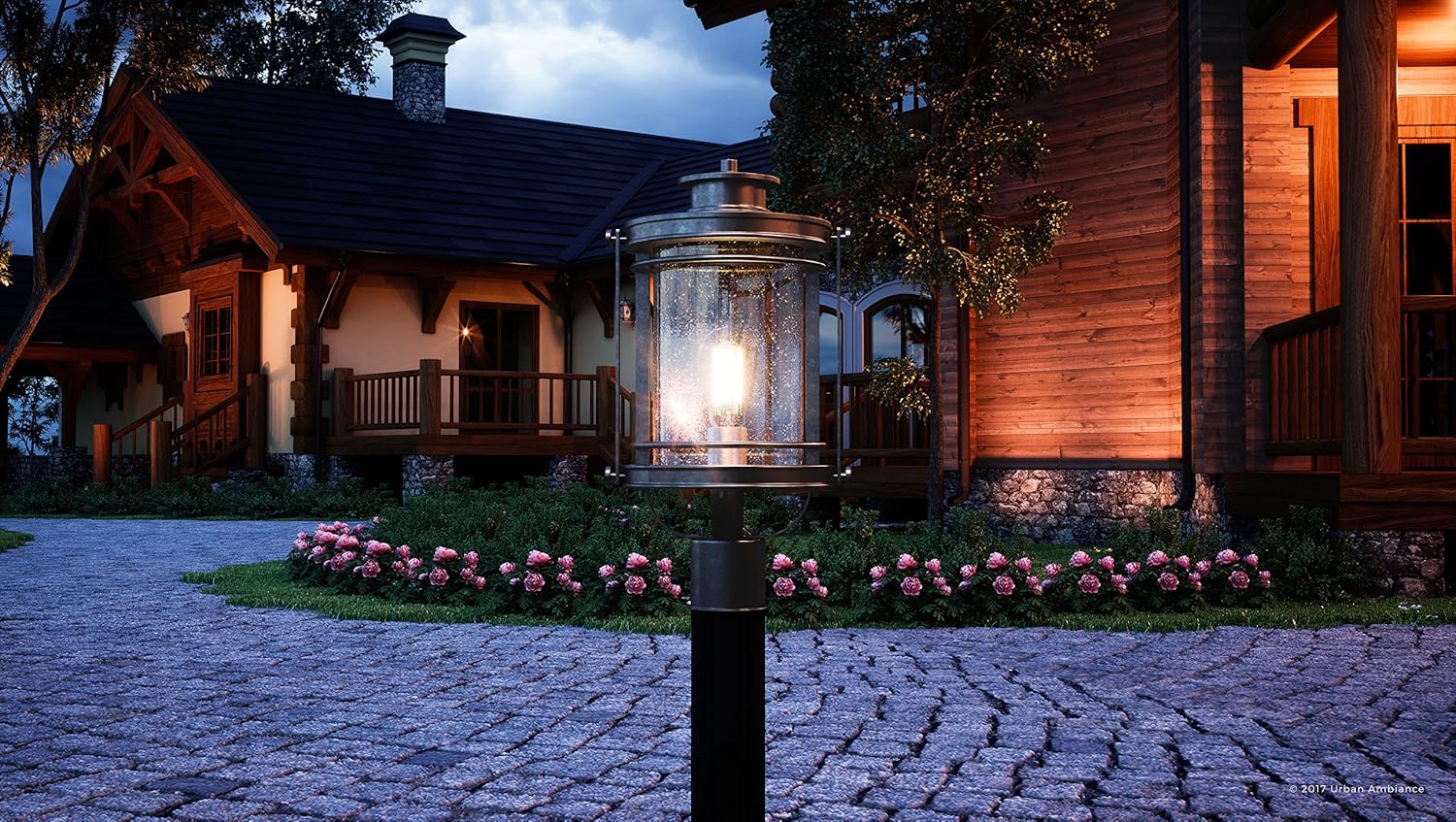 Urban Ambiance Luxury MidCentury Modern Outdoor Post Light, Medium Size: 19.5" H x 10.5" W, with Craftsman Style Elements, High-End Black Silk Finish and Seeded Glass, Includes Edison Bulb, UQL1010