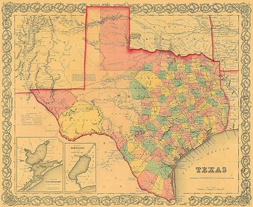 1855 Mapa del condado de Texas por J.H. Colton disponible en Yaxa Peru