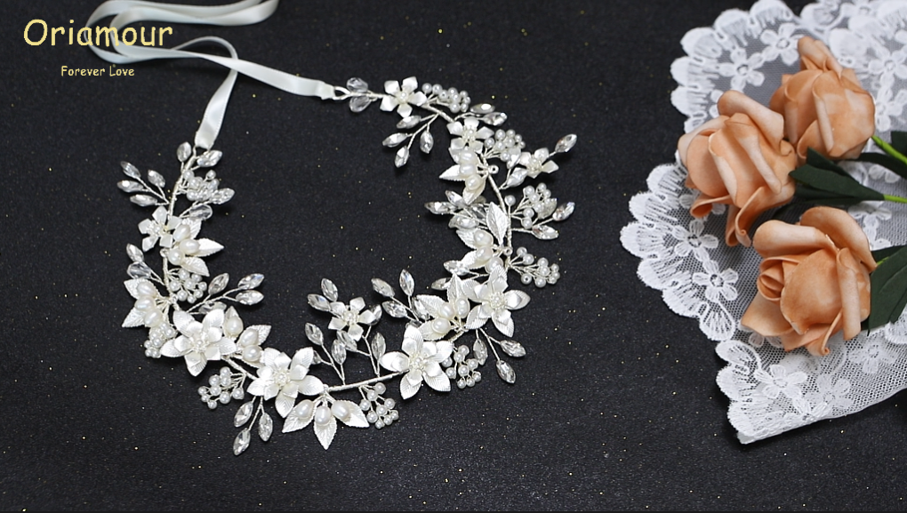 Oriamour Wedding Headband Bridal Headpiece Flower Design With Genuine Freshwater Oriamour Wedding Headband Bridal Headpiece Flower Design  main image 2