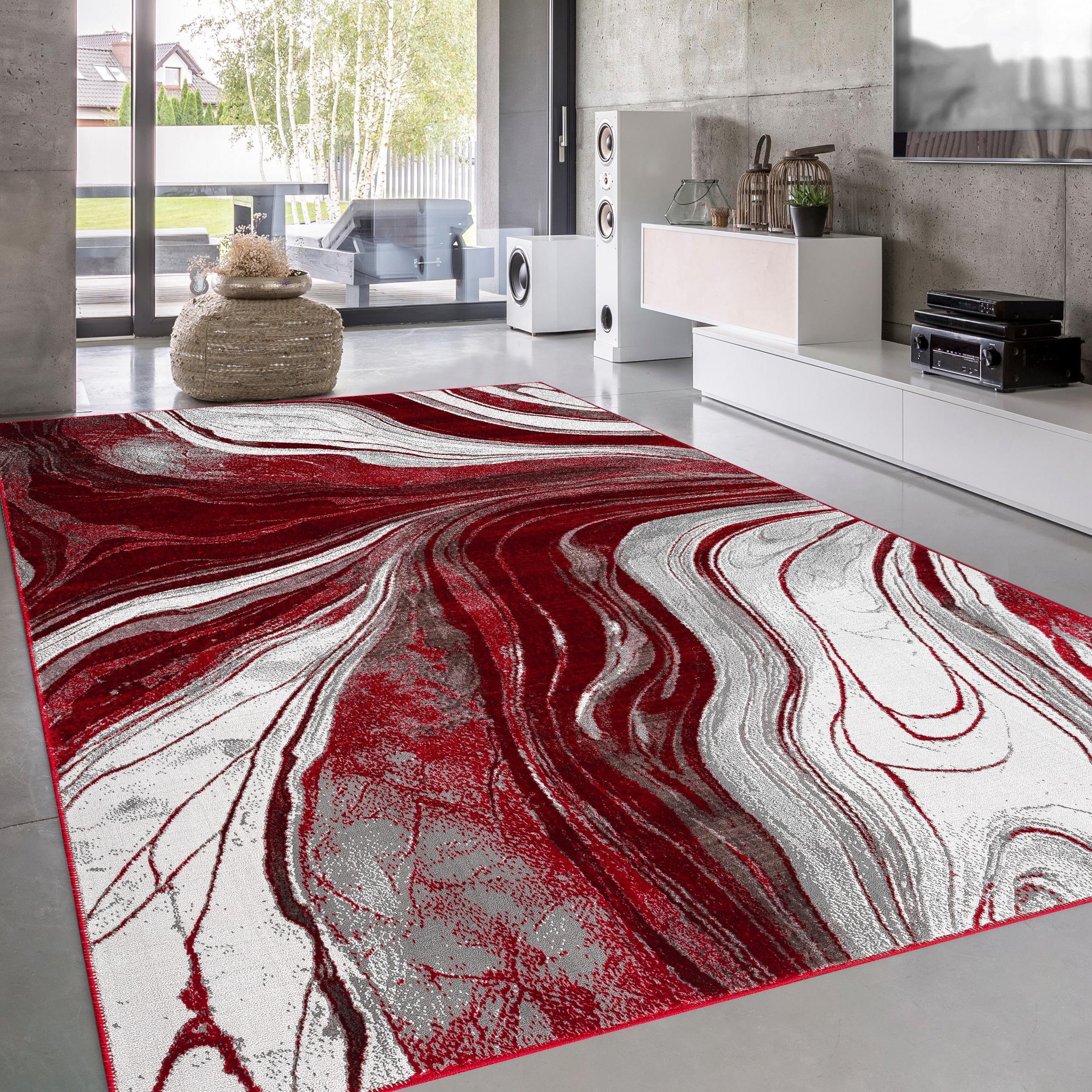 Abstract Marble Effect Area Rug Swirl Pattern Living Room Bedroom Floor Mats Door Mats (Red, 200 x 290 cm)