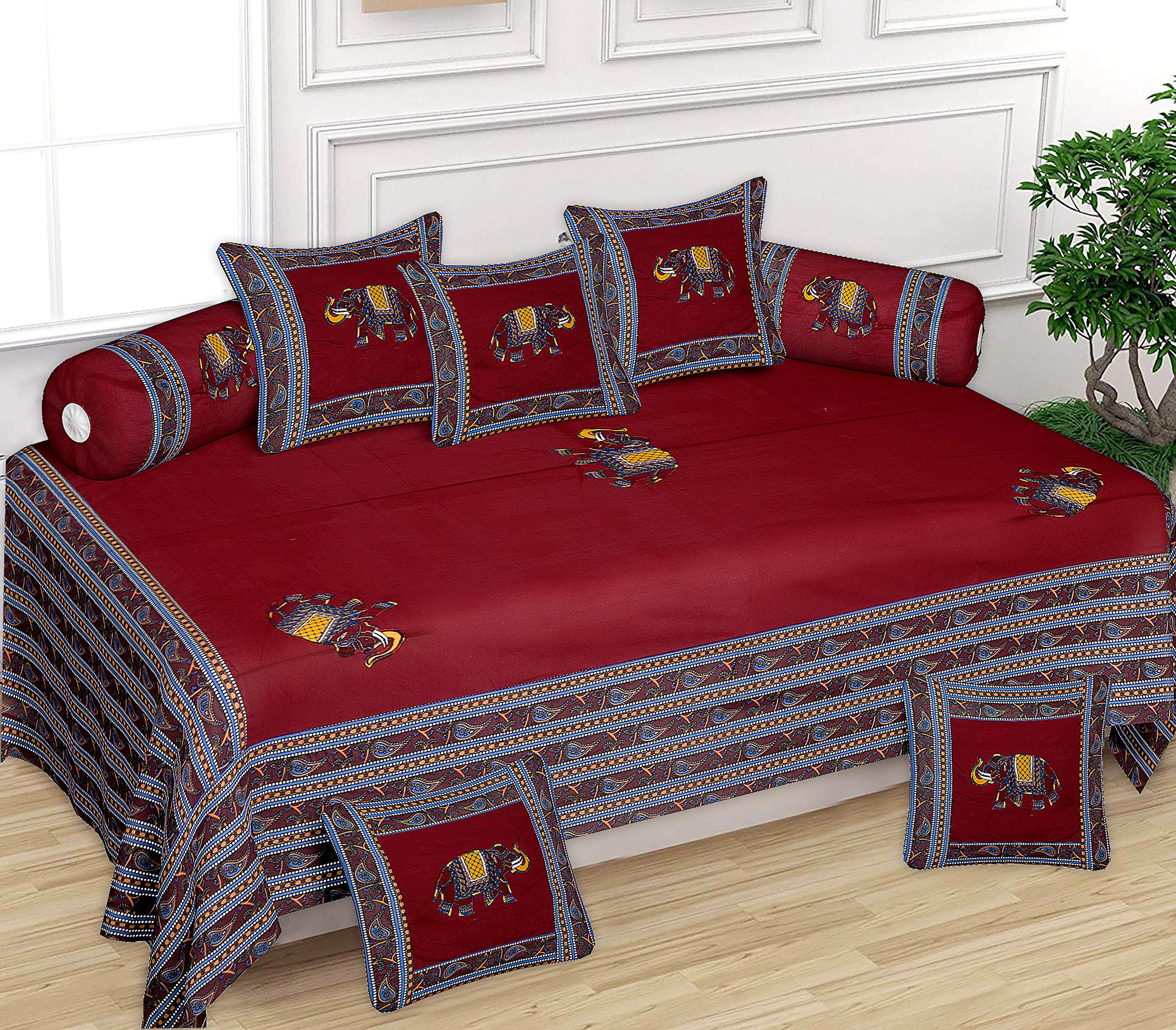 ManavRachit Cotton Gold Foil Print 210 TC Diwan Set of 8pc (88X60 Inch Bedsheet, 16x16inch 2 Cushion Covers, 15x31 inch 5 Bolster Covers) for Home, and Living Room (Patch_Work_HATHI_Maroon)-image-16
