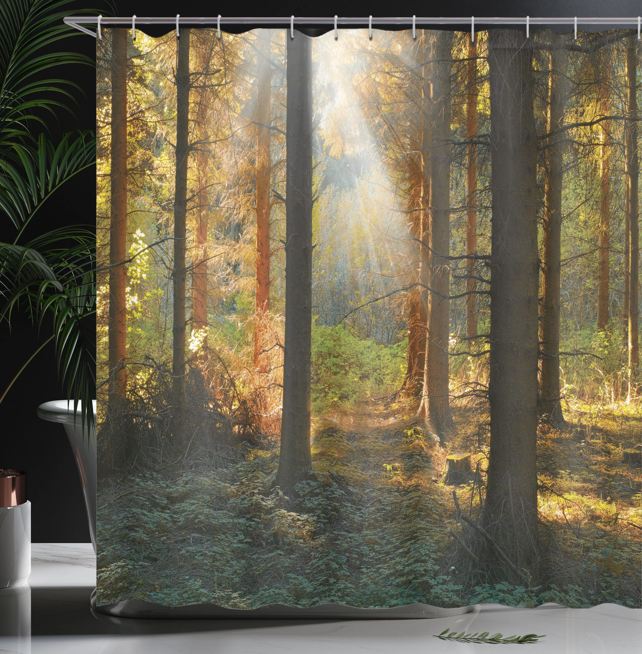 ABAKUHAUS Forest Shower Curtain, Sunset View of Dark Pine Woodland in Autumn Foggy Scene Sunbeams Trunks Shadow - Image 3