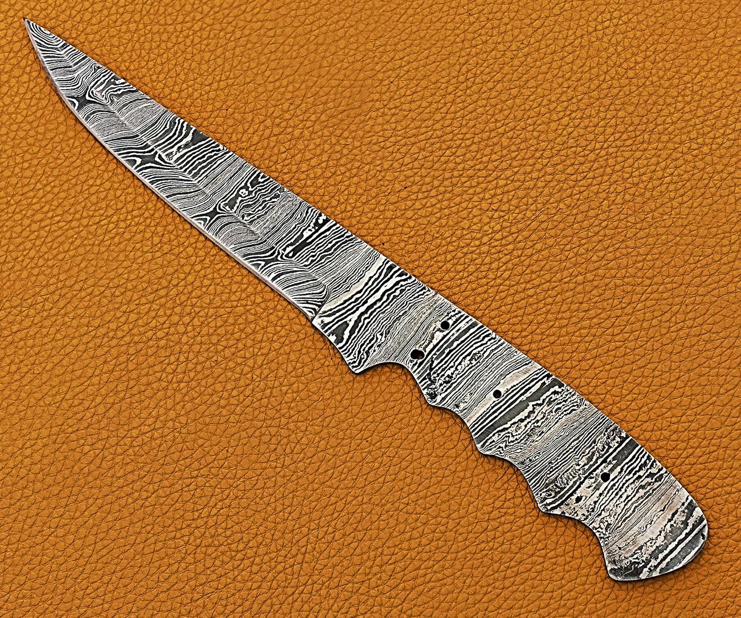 Damascus Steel Blank Blade 10.75 inches Long Hand Forged Straight Back Skinning Knife Blank Blade, Hunting Knife with 4 Pin Hole, 5.5 inches Cutting Edge, 4.5" Finger Serrated Scale Space