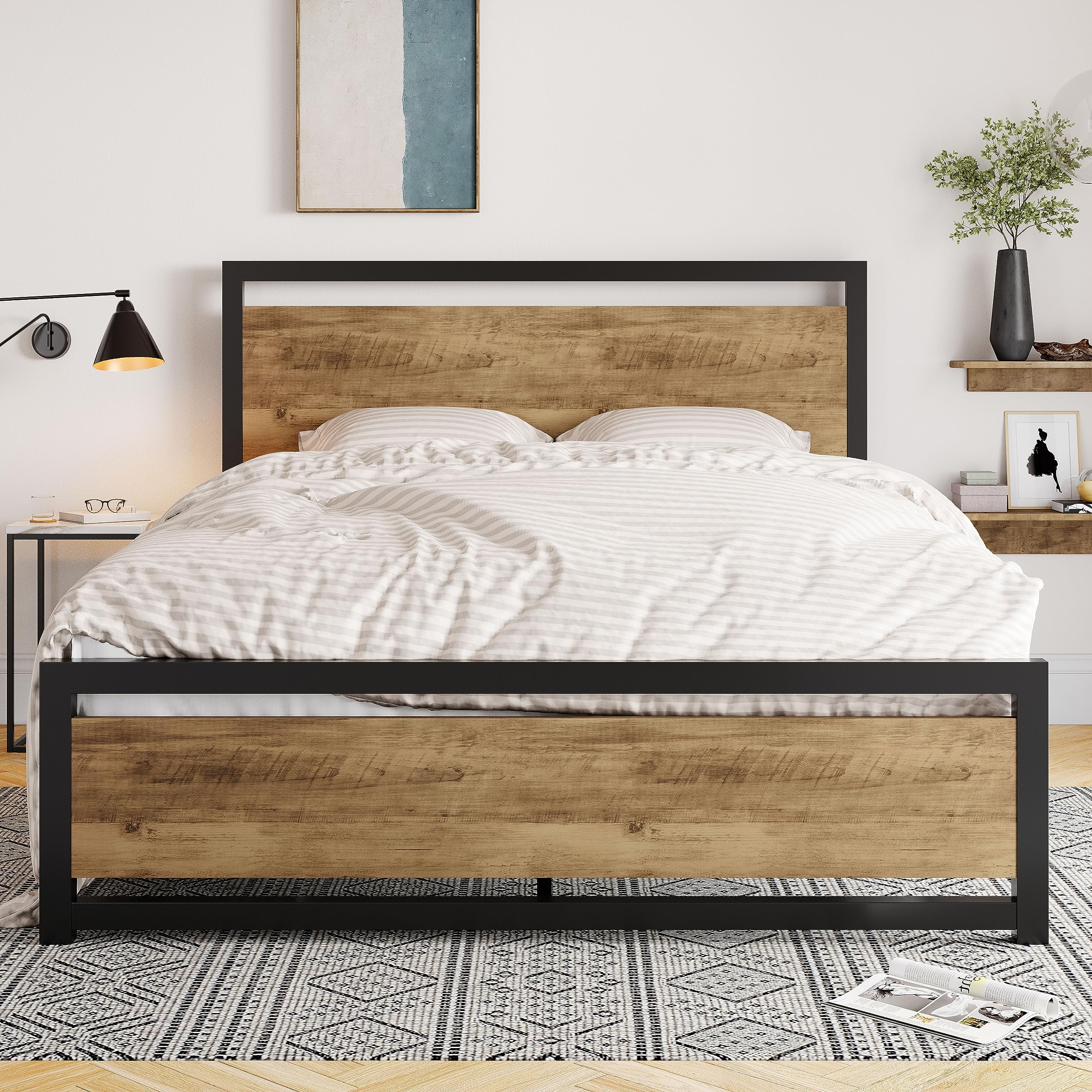 Allewie Queen Bed Frame with Headboard, Heavy Duty Metal Platform Base with Strong Support, Underneath Storage Space, Stable Mattress Foundation, No Box Spring Needed, Brown