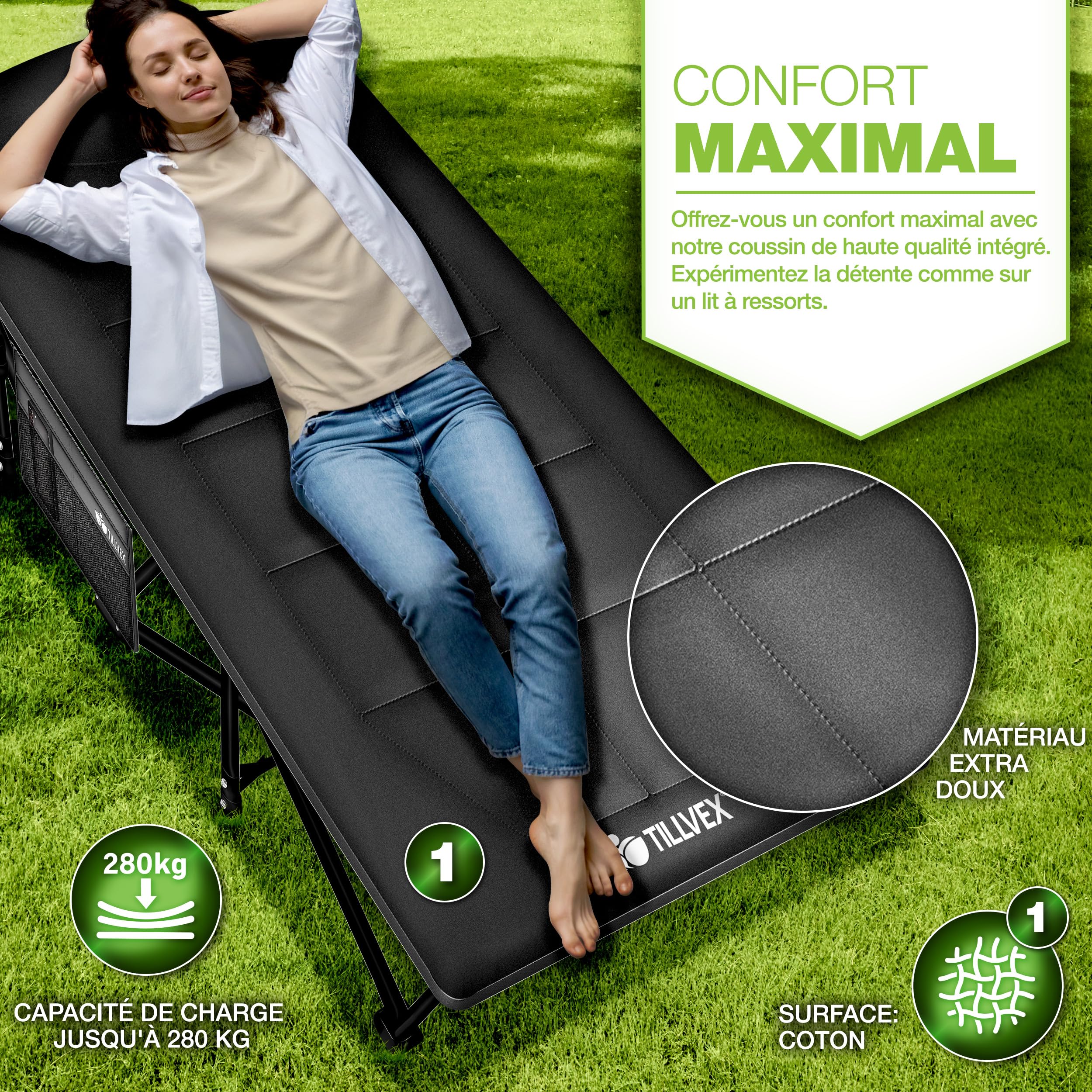 tillvex® Lit de camping pliable avec sac de transport jusqu'à 200 kg | Chaise de camping extra large | Lit de camp pour l'extérieur et l'intérieur | Lit d'invité pliable pour jardin, camping, pêche,