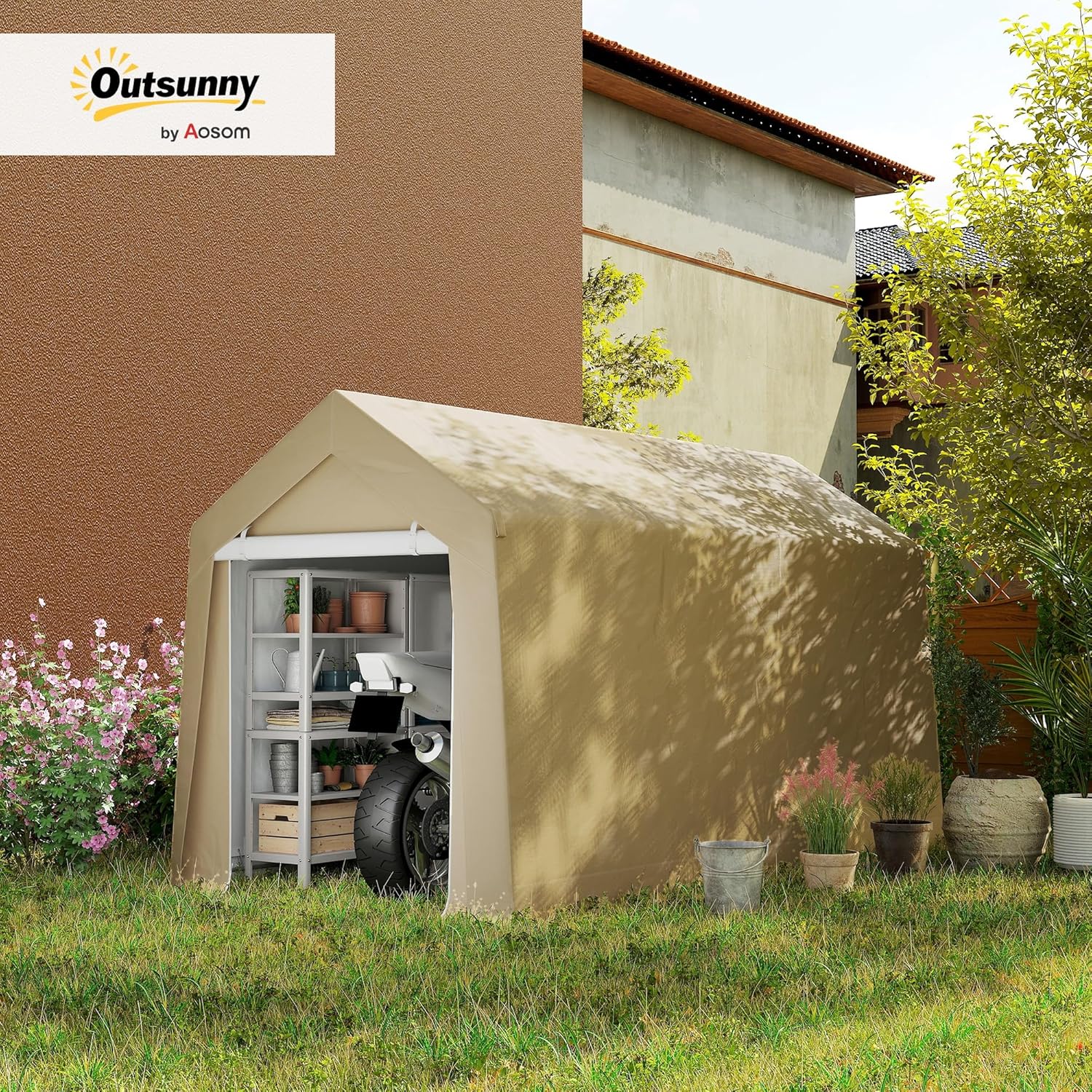 Outsunny 7' x 12' Portable Storage Shed Shelter, Heavy Duty Outdoor Shed, Waterproof Garden Storage Tent with Ventilation Window and Roll-up Zipper Door for Bike, Motorcycle, Garden Tools, Beige