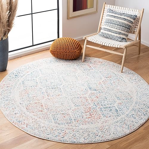 SAFAVIEH Tulum Collection 5' Round Ivory / Terracotta TUL264C Moroccan Boho Distressed Non-Shedding Dining Room Entryway Foyer Living Room Bedroom Area Rug