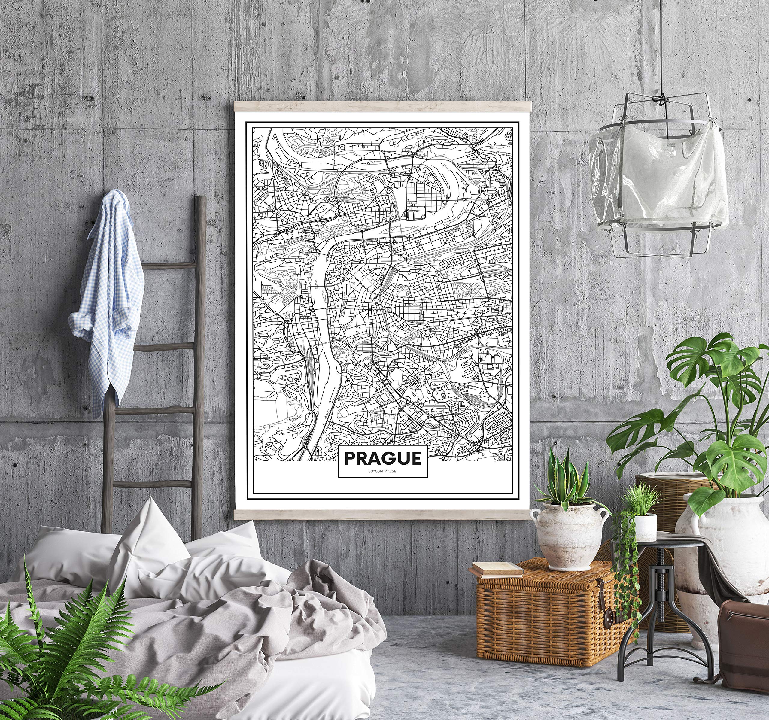Panorama Dibond Aluminium Carte de Prague 70 x 100 cm - Tableau Villes du Monde Noir et Blanc - Tableau Moderne pour la Maison